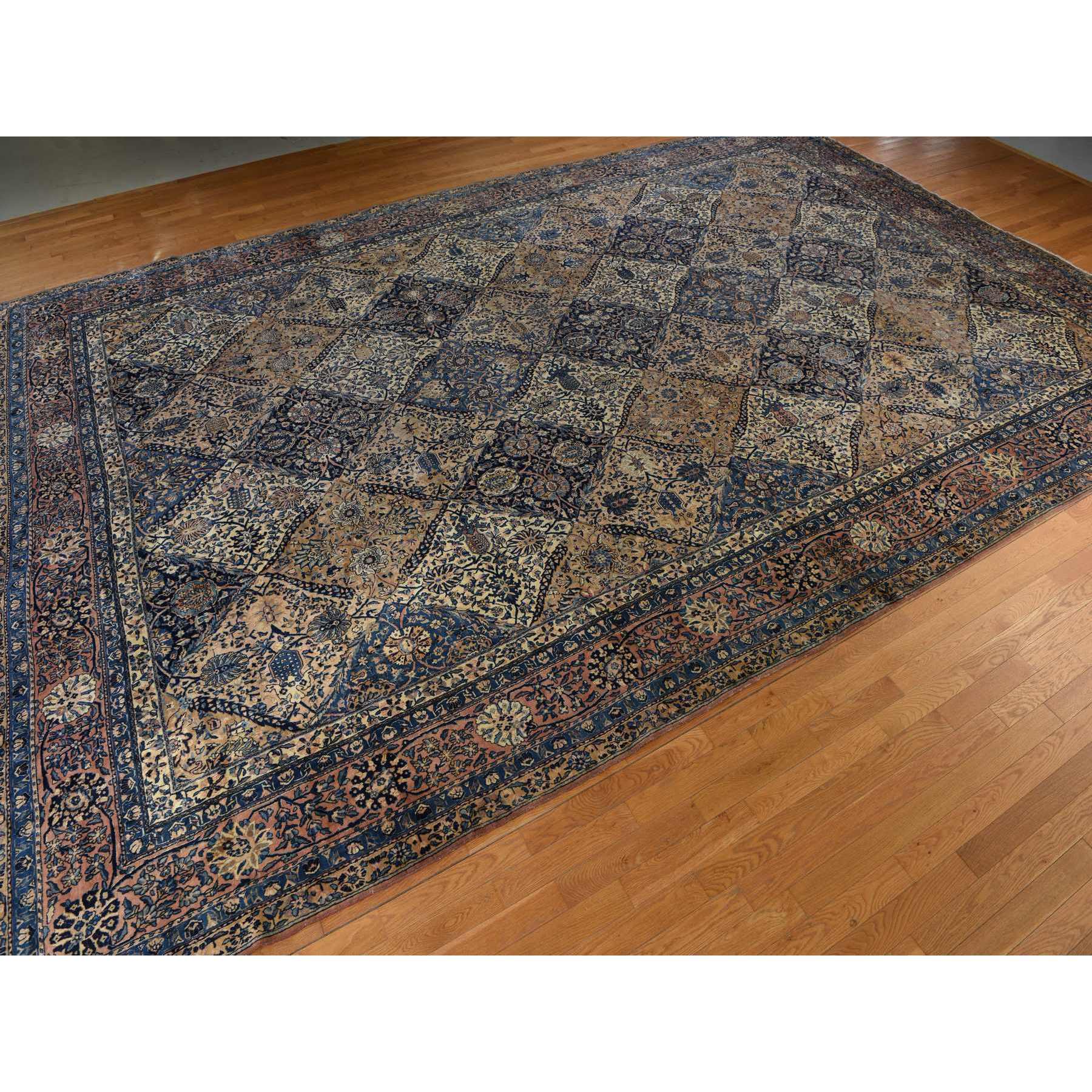 12'7"x19' Parchment Ivory, Antique Persian Kerman, Classic Garden All Over Flower Design, Soft Colors, Clean, Sides and Ends Professionally Secured, Soft, Evenly Worn, 100% Wool, Hand Knotted, Oversized, Oriental Rug Sh78349