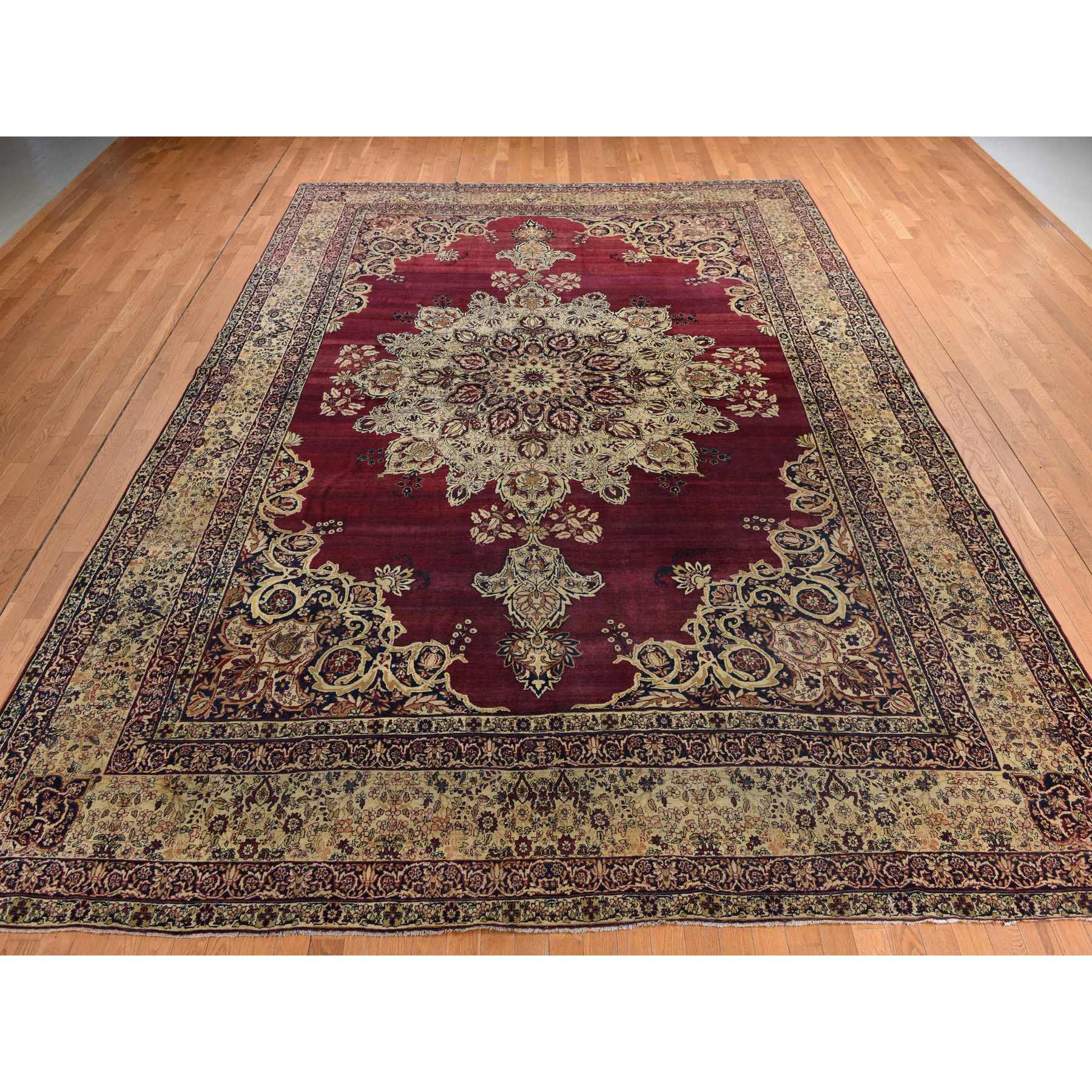 10'10"x15'3" Cranberry Red, Antique Persian Lavar Kerman, Center Medallion, Flower Design, Zero Pile, Clean, Sides and Ends Professionally Secured, Properly Restored, 100% Wool, Hand Knotted, Oriental Rug Sh78350