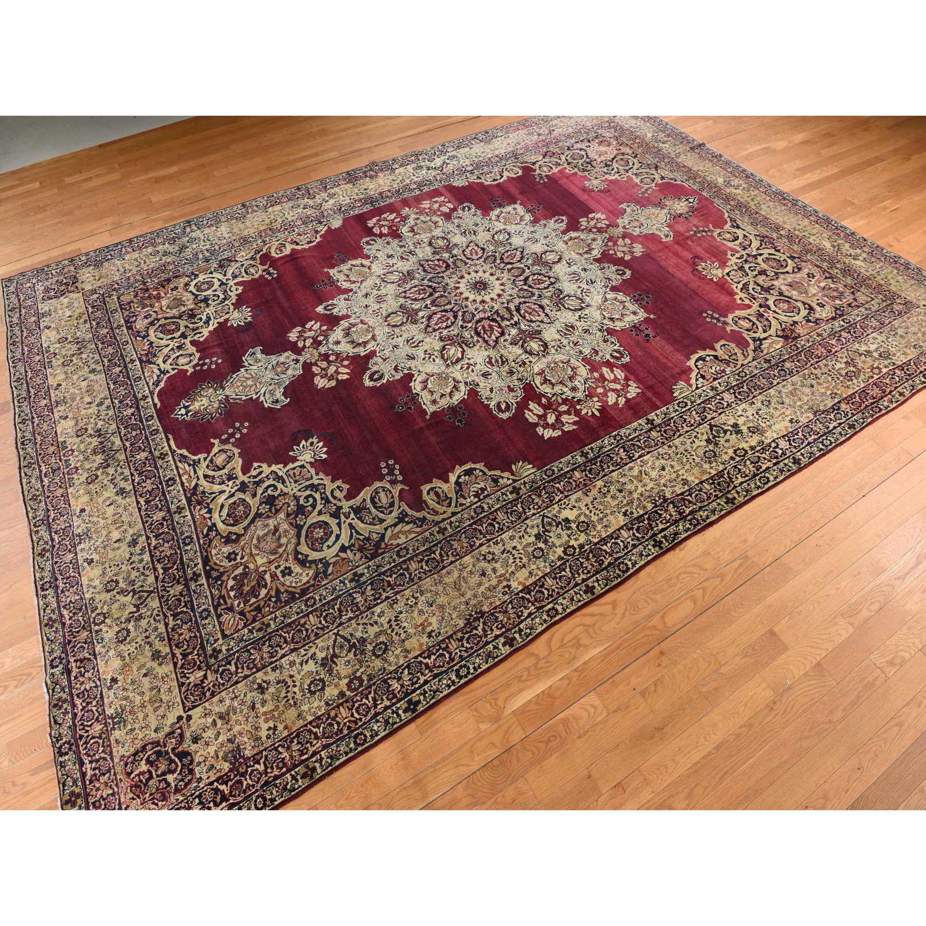 10'10"x15'3" Cranberry Red, Antique Persian Lavar Kerman, Center Medallion, Flower Design, Zero Pile, Clean, Sides and Ends Professionally Secured, Properly Restored, 100% Wool, Hand Knotted, Oriental Rug Sh78350