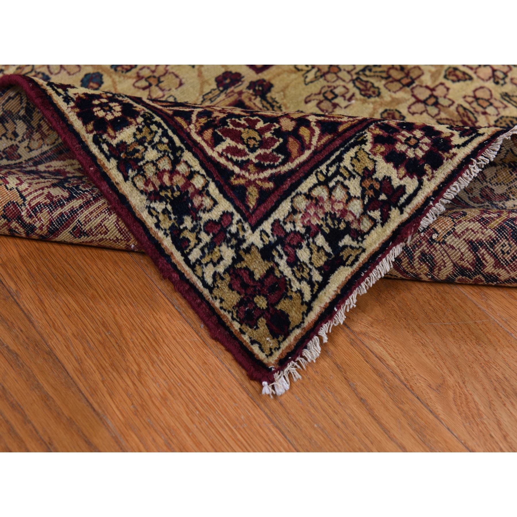 10'10"x15'3" Cranberry Red, Antique Persian Lavar Kerman, Center Medallion, Flower Design, Zero Pile, Clean, Sides and Ends Professionally Secured, Properly Restored, 100% Wool, Hand Knotted, Oriental Rug Sh78350