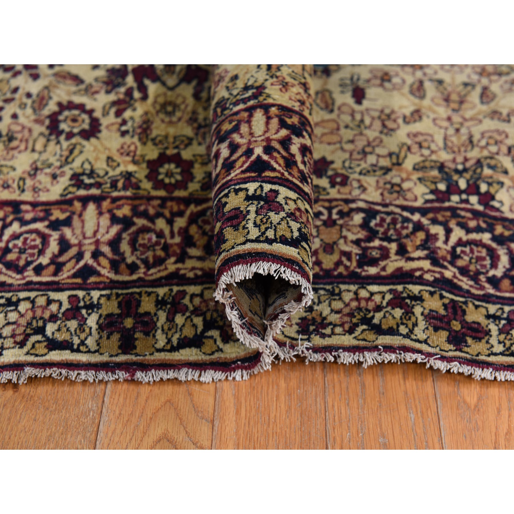 10'10"x15'3" Cranberry Red, Antique Persian Lavar Kerman, Center Medallion, Flower Design, Zero Pile, Clean, Sides and Ends Professionally Secured, Properly Restored, 100% Wool, Hand Knotted, Oriental Rug Sh78350