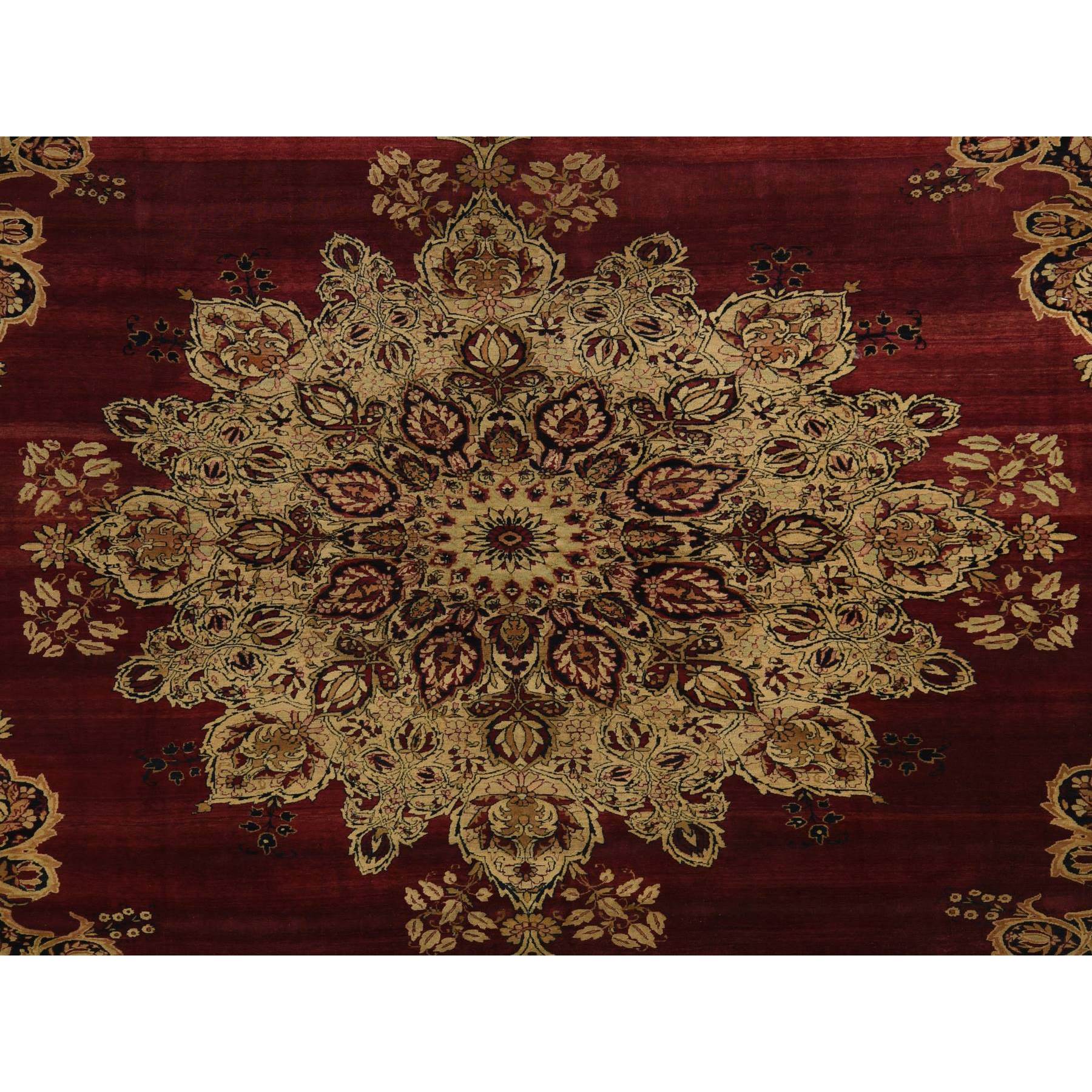 10'10"x15'3" Cranberry Red, Antique Persian Lavar Kerman, Center Medallion, Flower Design, Zero Pile, Clean, Sides and Ends Professionally Secured, Properly Restored, 100% Wool, Hand Knotted, Oriental Rug Sh78350