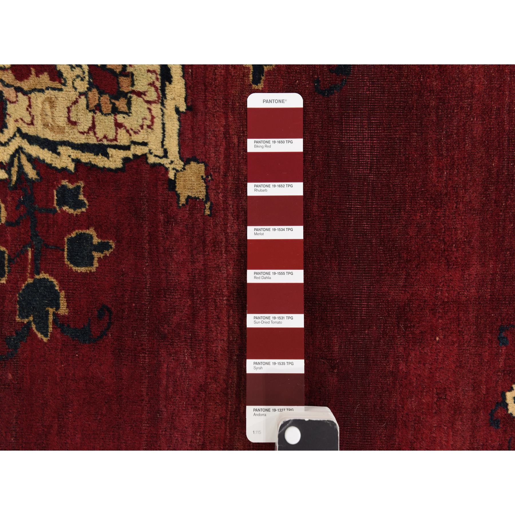 10'10"x15'3" Cranberry Red, Antique Persian Lavar Kerman, Center Medallion, Flower Design, Zero Pile, Clean, Sides and Ends Professionally Secured, Properly Restored, 100% Wool, Hand Knotted, Oriental Rug Sh78350