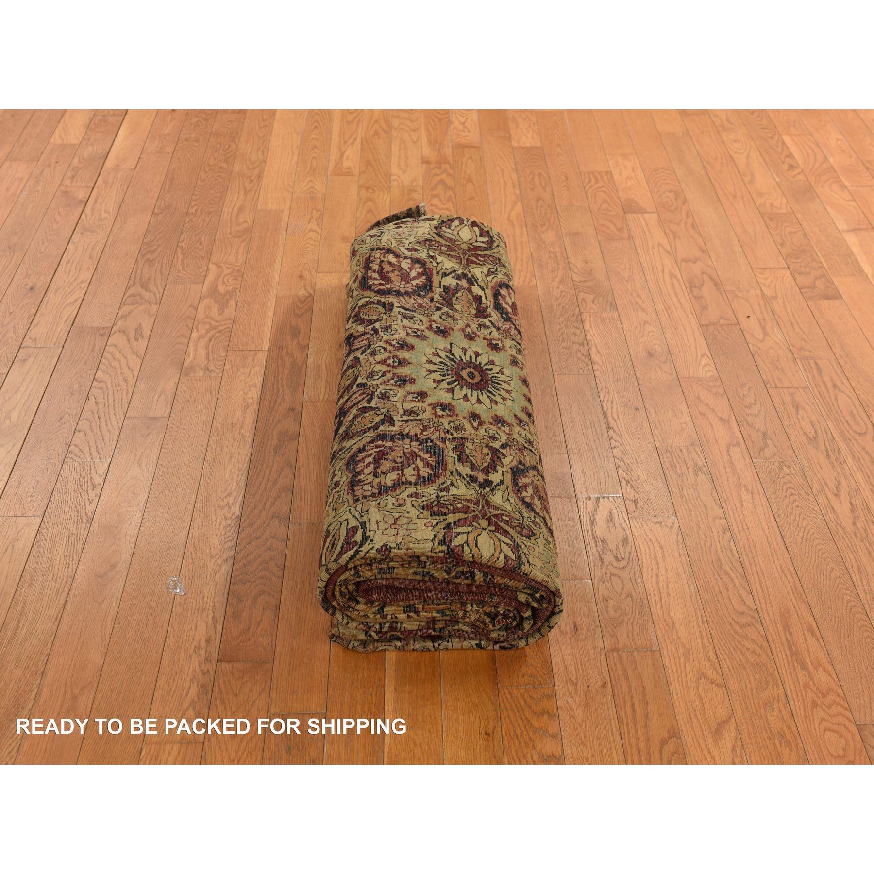 10'10"x15'3" Cranberry Red, Antique Persian Lavar Kerman, Center Medallion, Flower Design, Zero Pile, Clean, Sides and Ends Professionally Secured, Properly Restored, 100% Wool, Hand Knotted, Oriental Rug Sh78350