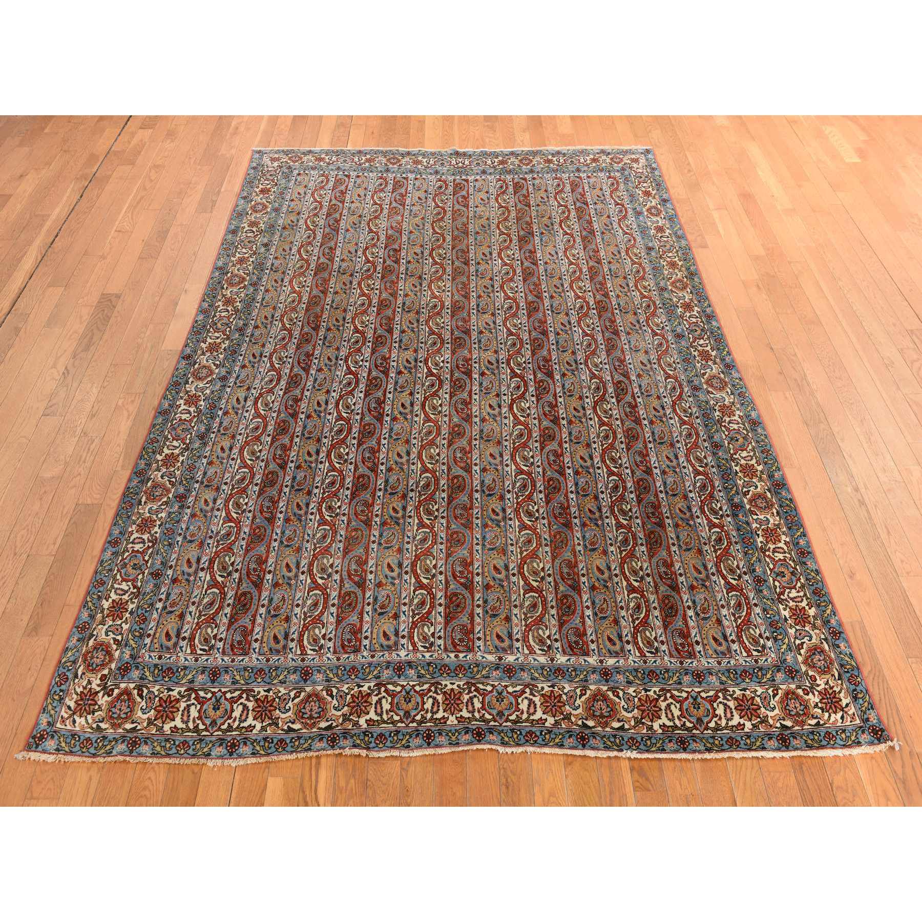 7'x10'4" Cherry Red with Ivory, Antique Persian Ghom, Shawl Design, Even Wear, Clean, Soft and Pliable, Sides and Ends Professionally Secured, 100% Wool, Hand Knotted Oriental Rug Sh78352