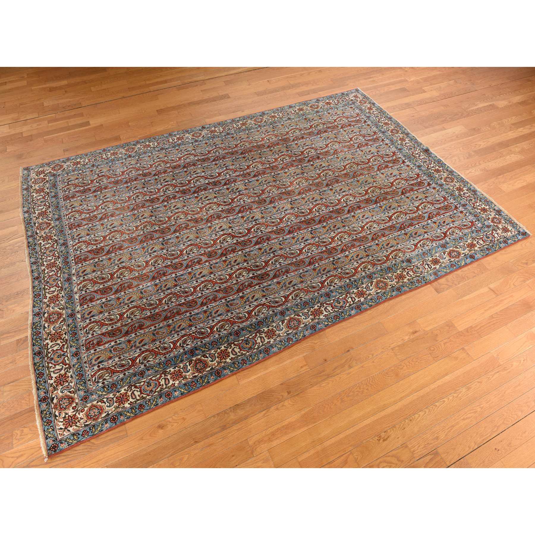 7'x10'4" Cherry Red with Ivory, Antique Persian Ghom, Shawl Design, Even Wear, Clean, Soft and Pliable, Sides and Ends Professionally Secured, 100% Wool, Hand Knotted Oriental Rug Sh78352