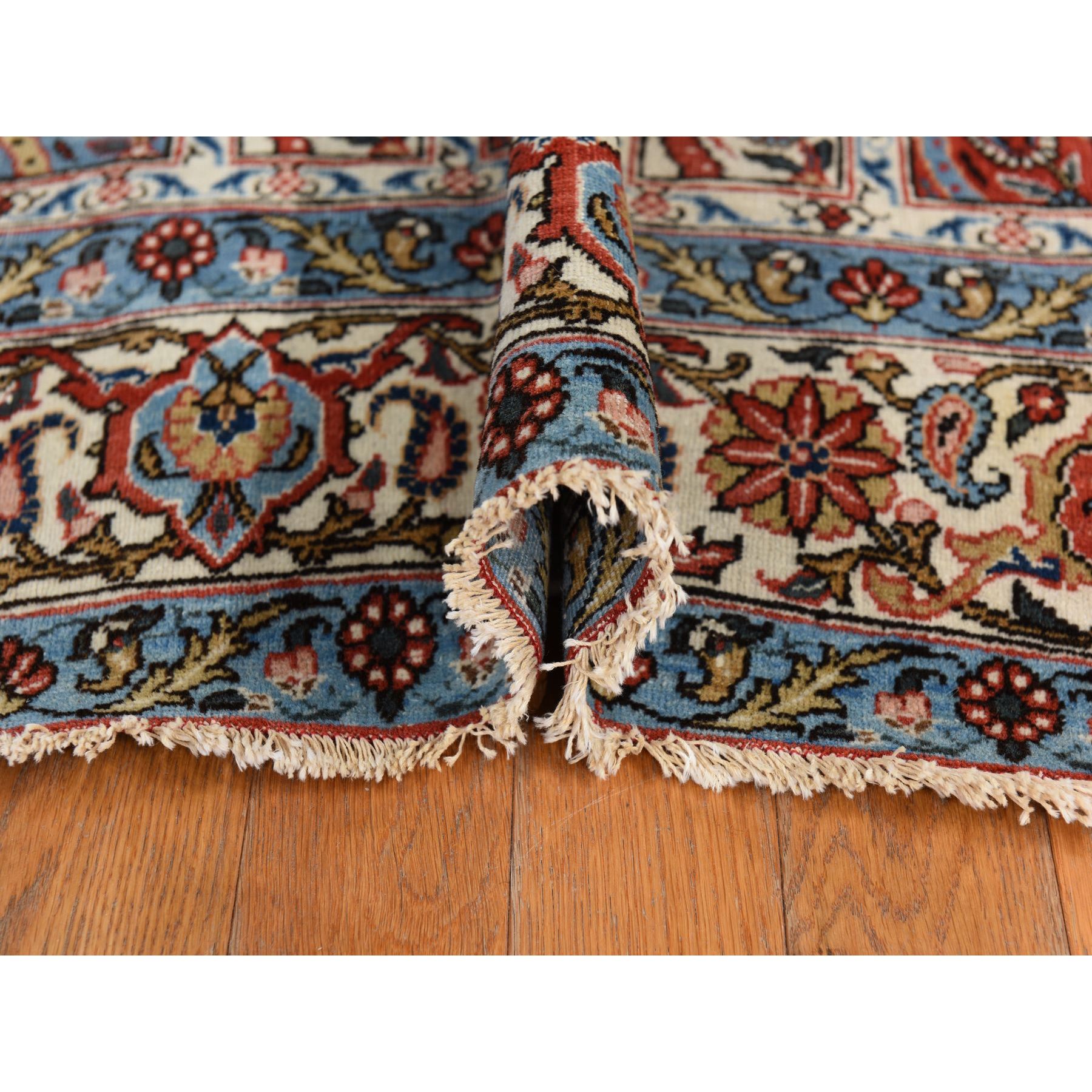 7'x10'4" Cherry Red with Ivory, Antique Persian Ghom, Shawl Design, Even Wear, Clean, Soft and Pliable, Sides and Ends Professionally Secured, 100% Wool, Hand Knotted Oriental Rug Sh78352
