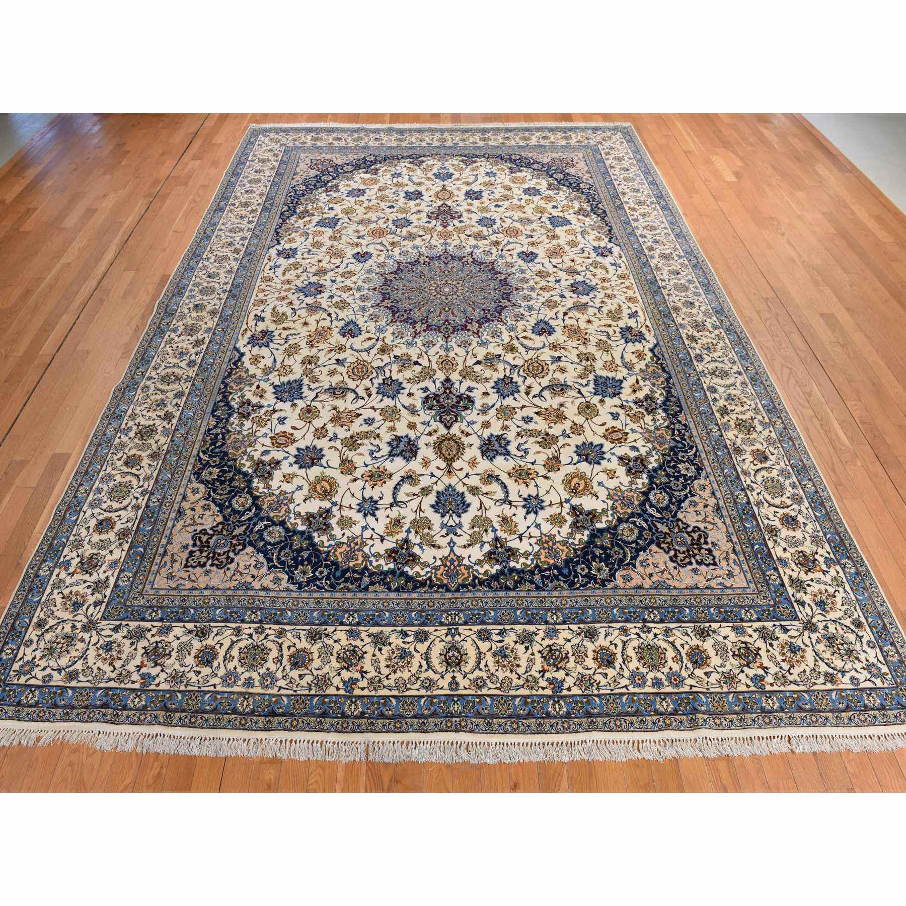 10'1"x14'8" Parchment Ivory, Vintage Persian Esfahan, 400 KPSI, Good Condition, Clean, Soft and Pliable, Hand Knotted, Wool and Silk on Silk Oriental Rug Sh78353