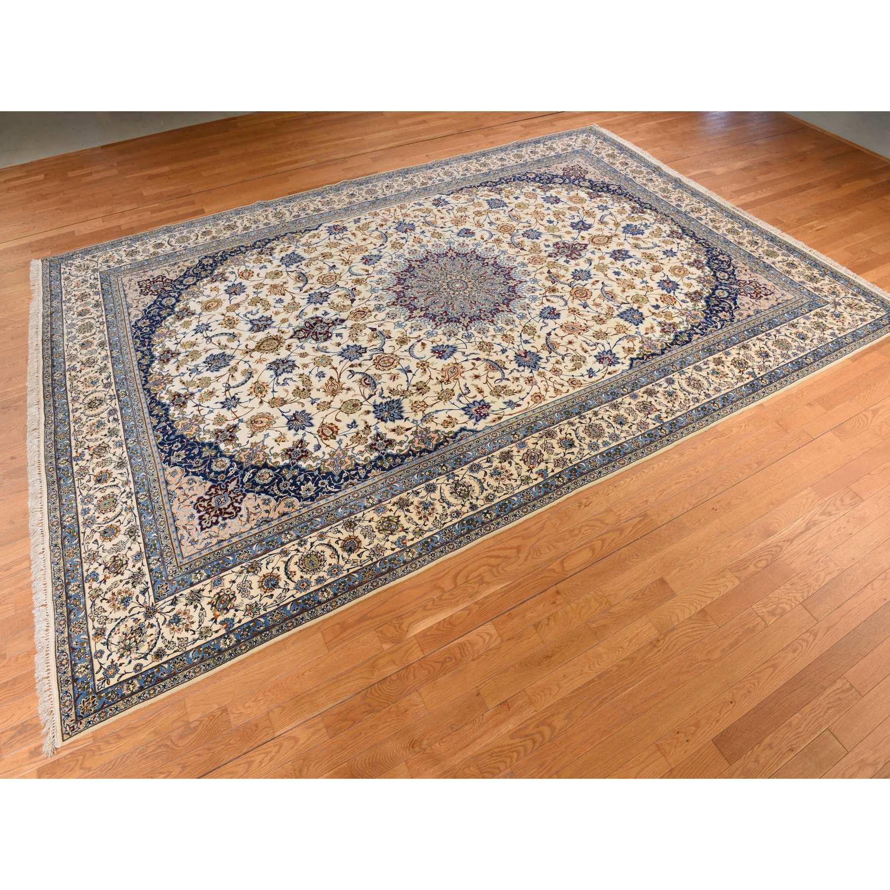 10'1"x14'8" Parchment Ivory, Vintage Persian Esfahan, 400 KPSI, Good Condition, Clean, Soft and Pliable, Hand Knotted, Wool and Silk on Silk Oriental Rug Sh78353