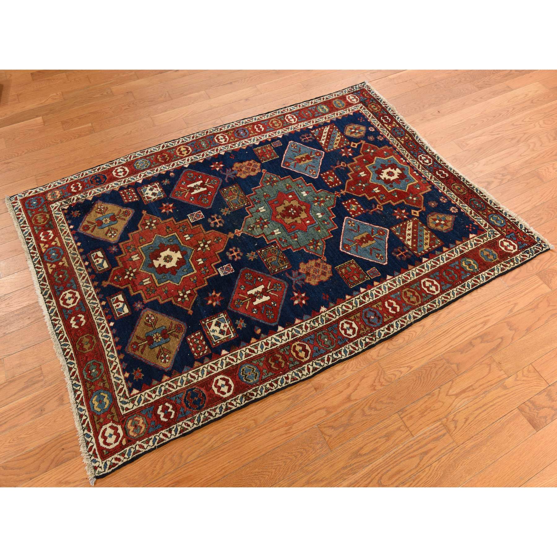 4'1"x5'10" Yale Blue, Antique North West Persian, Geometric Tribal Motif, Even Wear, Clean, Soft and Pliable, Sides and Ends Professionally Secured, 100% Wool, Hand Knotted, Vegetable Dyes, Oriental Rug Sh78362