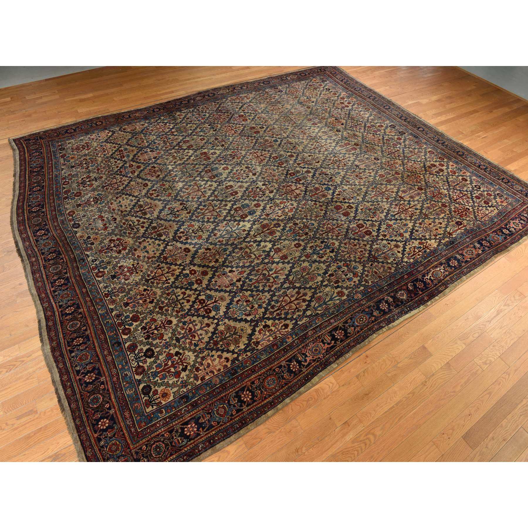 12'2"x14'7" Peanut Brown, Antique Persian Bidjar, Trellis Garden Design, Even Wear, Clean, Sides and Ends Professionally Secured, 100% Wool on Wool, Hand Knotted, Oversized, Oriental Rug Sh78367