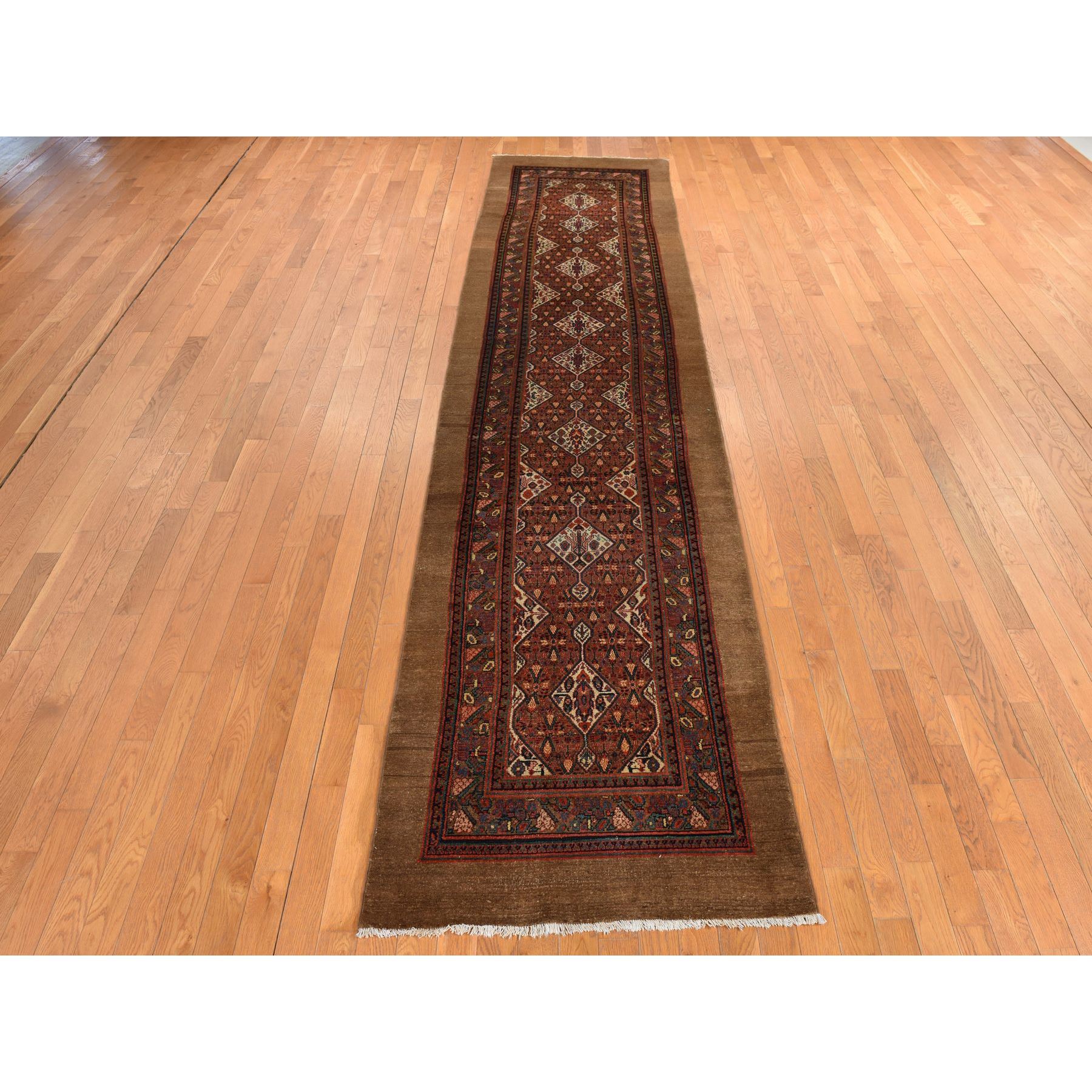 3'2"x15' Coffee Brown, Antique Camel Hair Serab, Pure Wool, Even Wear, Good Condition, Soft Pile, Hand Knotted, Clean, Sides and Ends Professionally Secured, XL Runner, Oriental Rug Sh78368