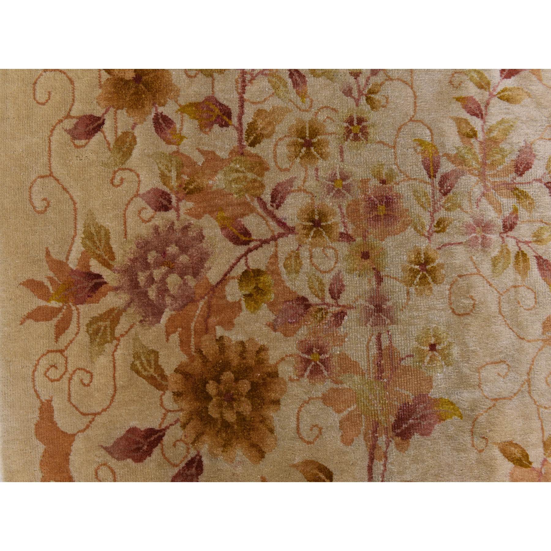 8'10"x11'8" Honey Brown, Antique Chinese Nichols Art Deco, Golden Leaf Design, Even Wear, Professionally Cleaned, Soft Pile, 100% Wool, Clean, Sides and Ends Expertly Secured, Hand Knotted, Oriental Rug Sh78369