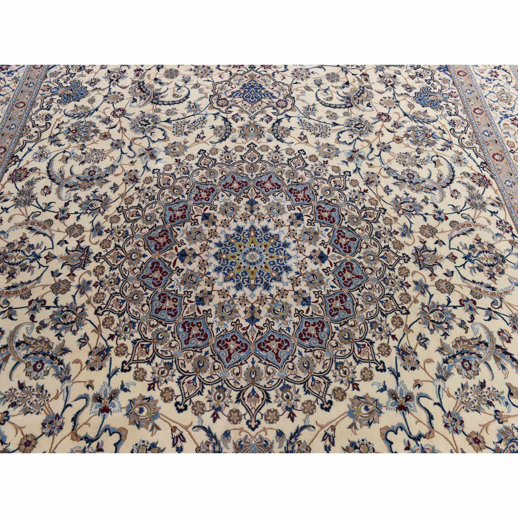 13'7"x20'7" Linen White, Mansion Sized Persian Nain with Medallion Design, Finely Made, 300 KPSI, Wool and Silk, Hand Knotted, Oriental Rug Sh78375