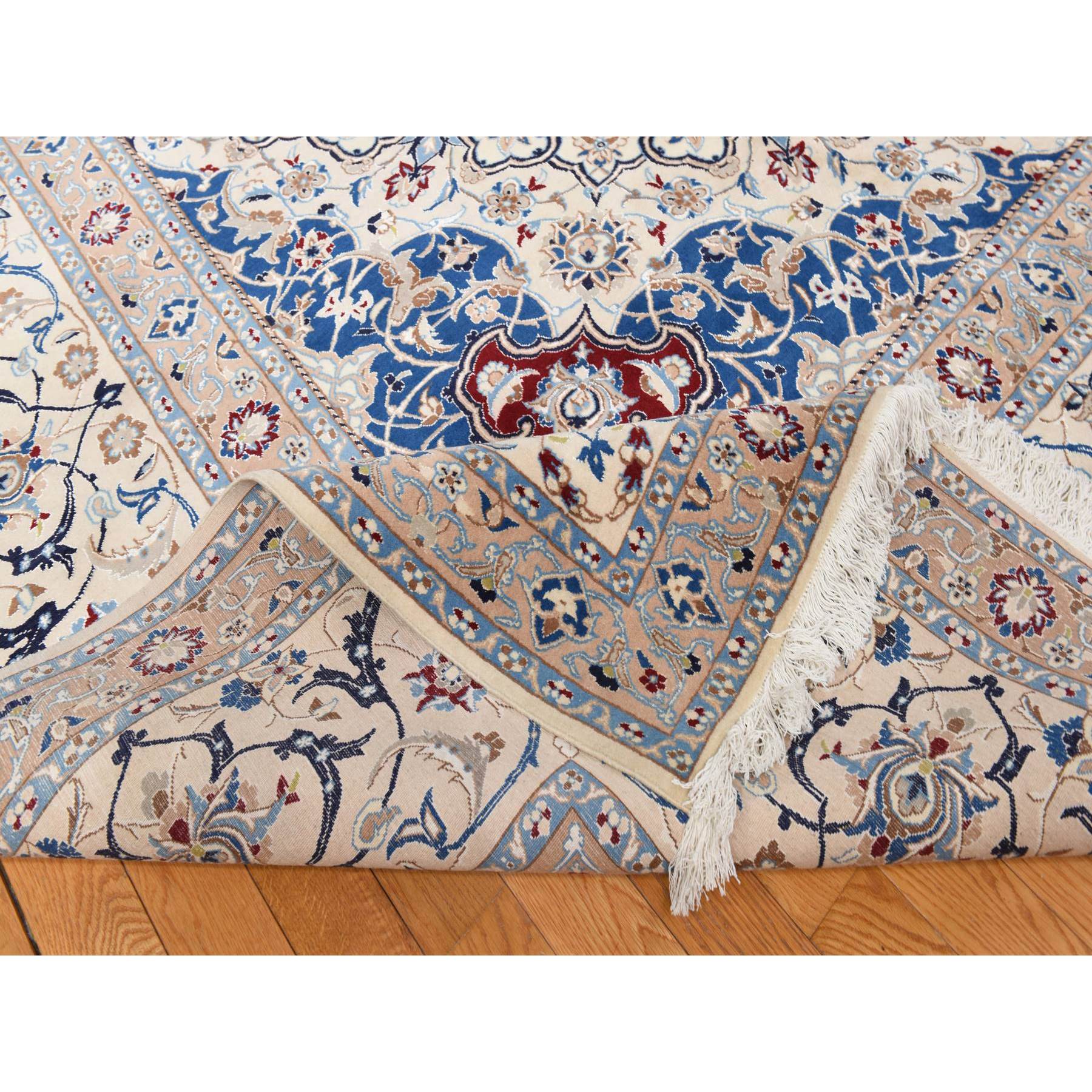 13'7"x20'7" Linen White, Mansion Sized Persian Nain with Medallion Design, Finely Made, 300 KPSI, Wool and Silk, Hand Knotted, Oriental Rug Sh78375