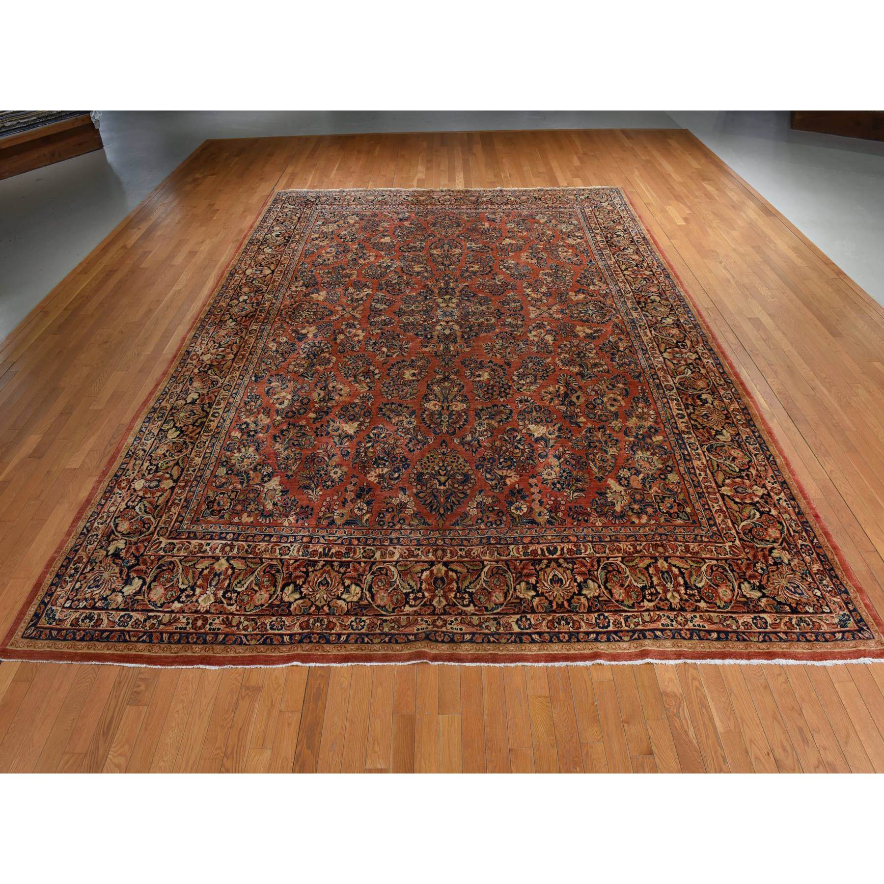 11'10"x15'6" Copper Red, Antique Persian Sarouk, Clean and Soft, Sides and Ends Professionally Secured, Even Wear, Good Condition, 100% Wool, Hand Knotted, Oversized, Oriental Rug Sh78387
