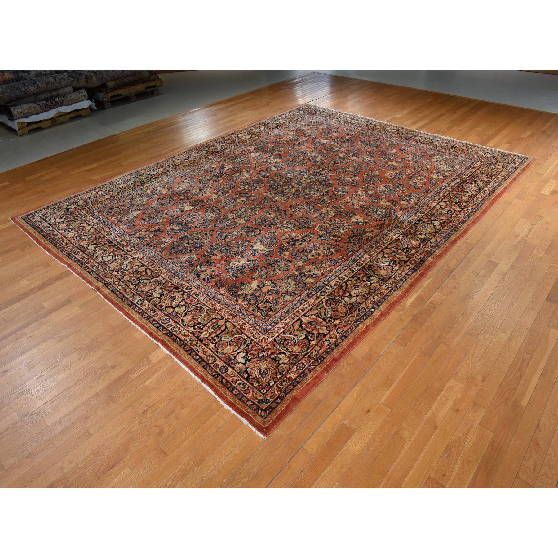 11'10"x15'6" Copper Red, Antique Persian Sarouk, Clean and Soft, Sides and Ends Professionally Secured, Even Wear, Good Condition, 100% Wool, Hand Knotted, Oversized, Oriental Rug Sh78387