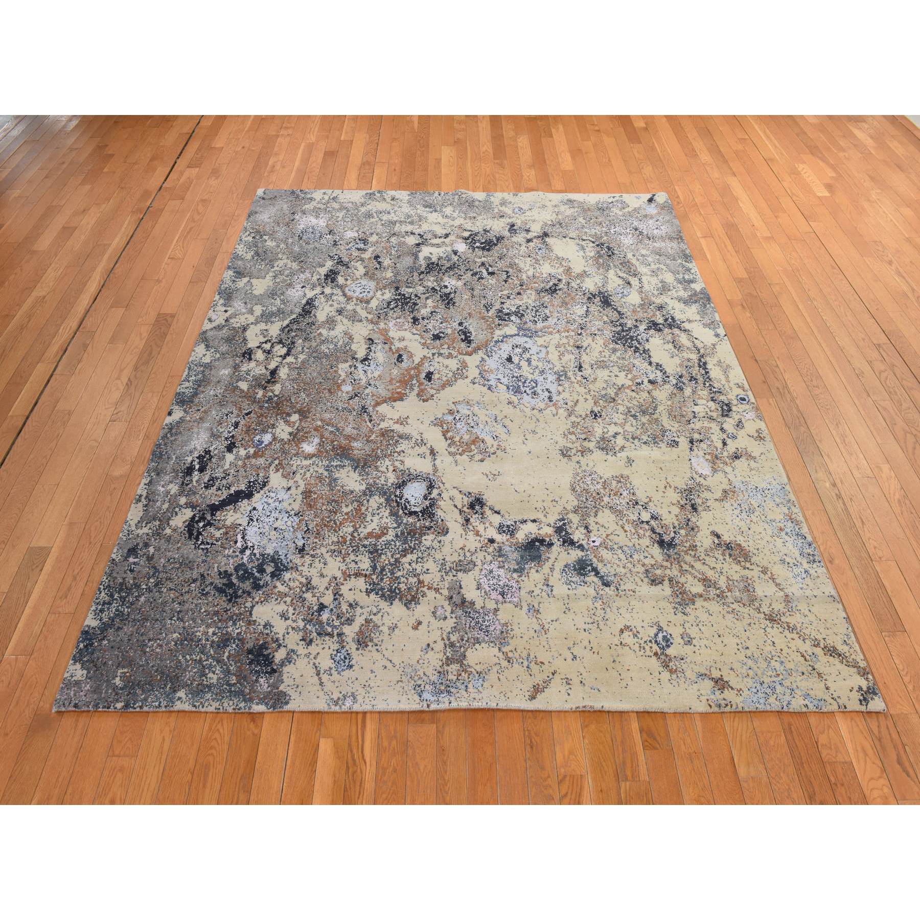 8'x10' Shades of Brown, Fossil Design, Wool and Silk, Modern, Hand Knotted, Densely Woven, Oriental Rug Sh78388