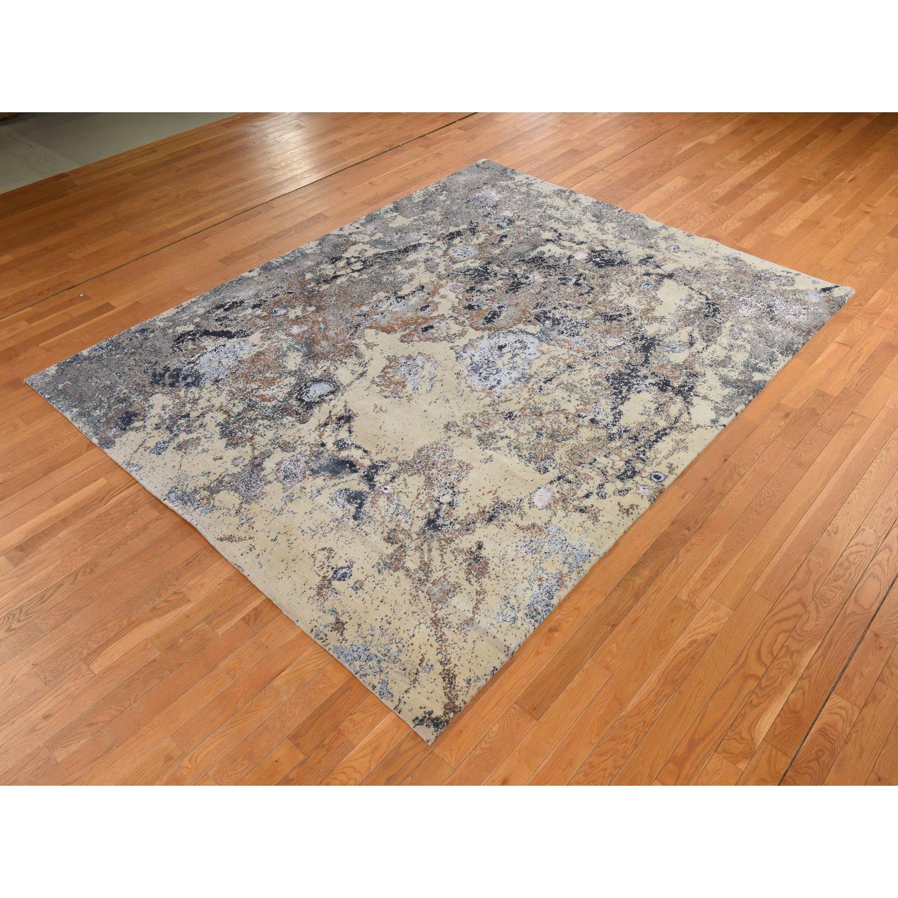 8'x10' Shades of Brown, Fossil Design, Wool and Silk, Modern, Hand Knotted, Densely Woven, Oriental Rug Sh78388