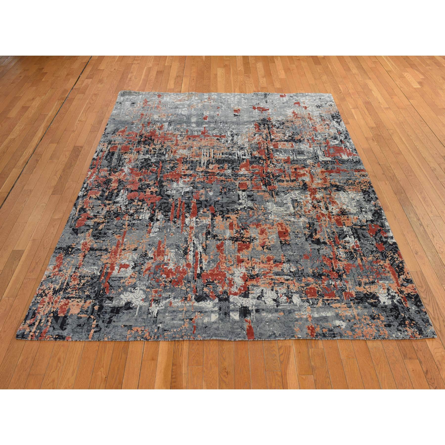 7'9"x10'1" Spanish Gray with Blush Red, Abstract Design, Soft to the Touch, Modern, 100% Wool, Hand Knotted, Oriental Rug Sh78389