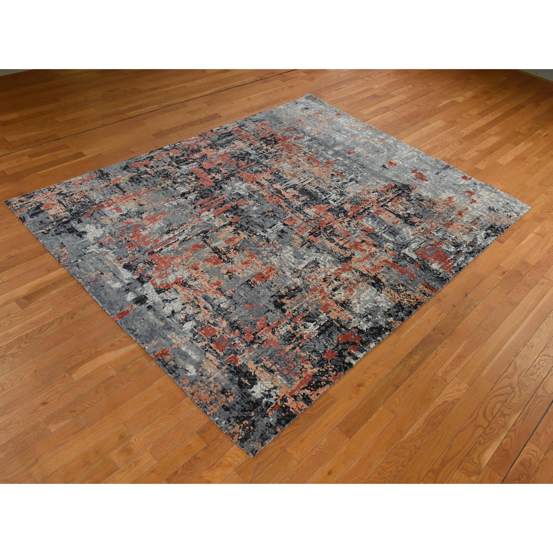 7'9"x10'1" Spanish Gray with Blush Red, Abstract Design, Soft to the Touch, Modern, 100% Wool, Hand Knotted, Oriental Rug Sh78389