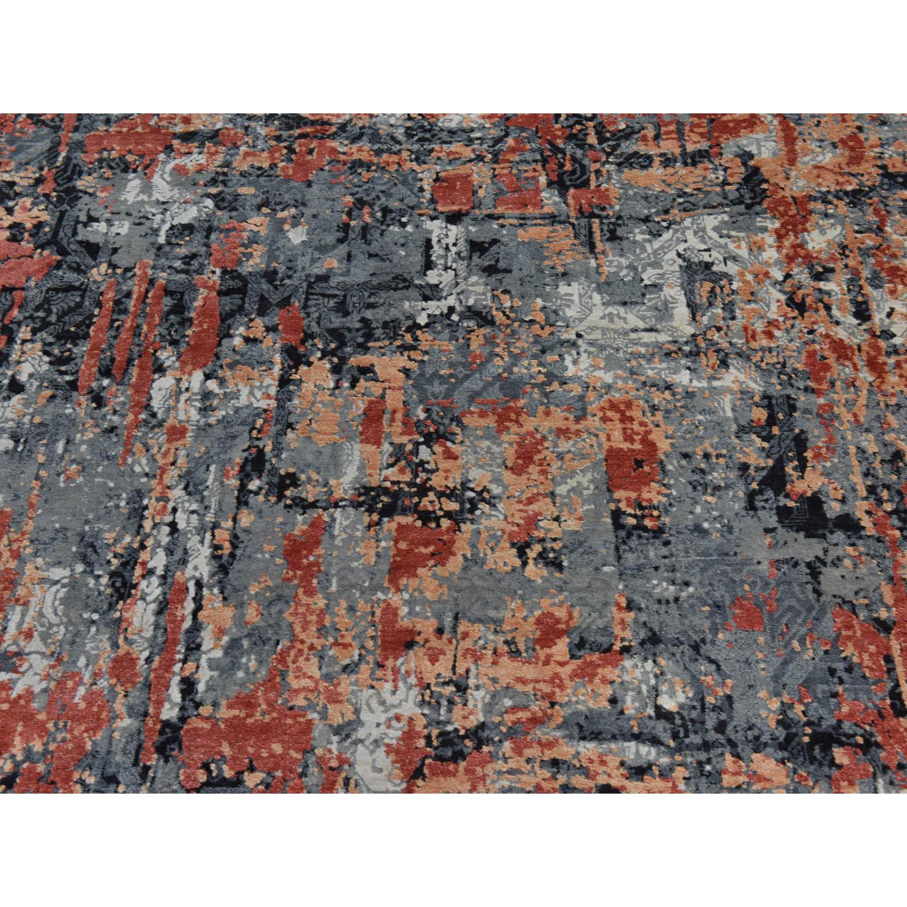 7'9"x10'1" Spanish Gray with Blush Red, Abstract Design, Soft to the Touch, Modern, 100% Wool, Hand Knotted, Oriental Rug Sh78389