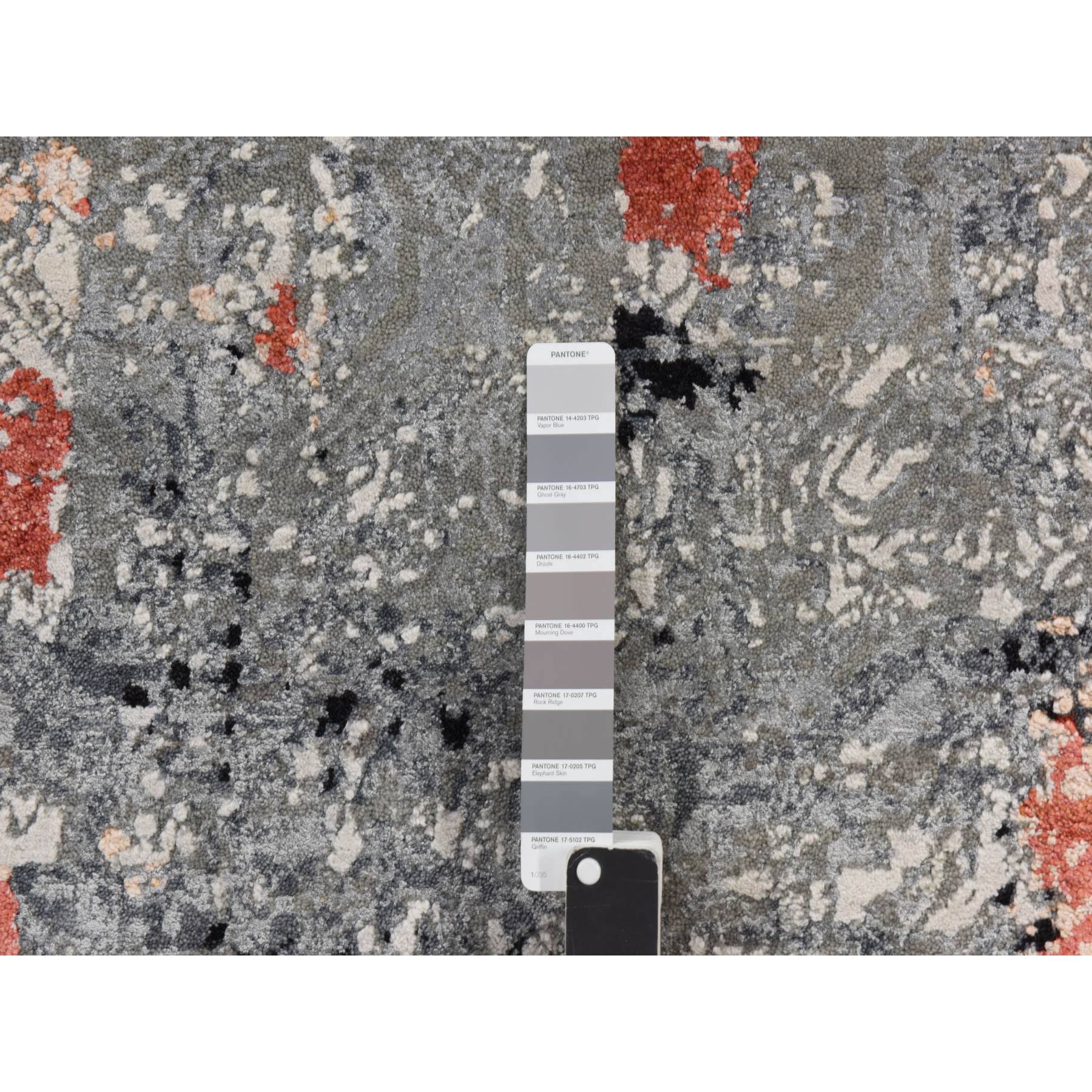 7'9"x10'1" Spanish Gray with Blush Red, Abstract Design, Soft to the Touch, Modern, 100% Wool, Hand Knotted, Oriental Rug Sh78389