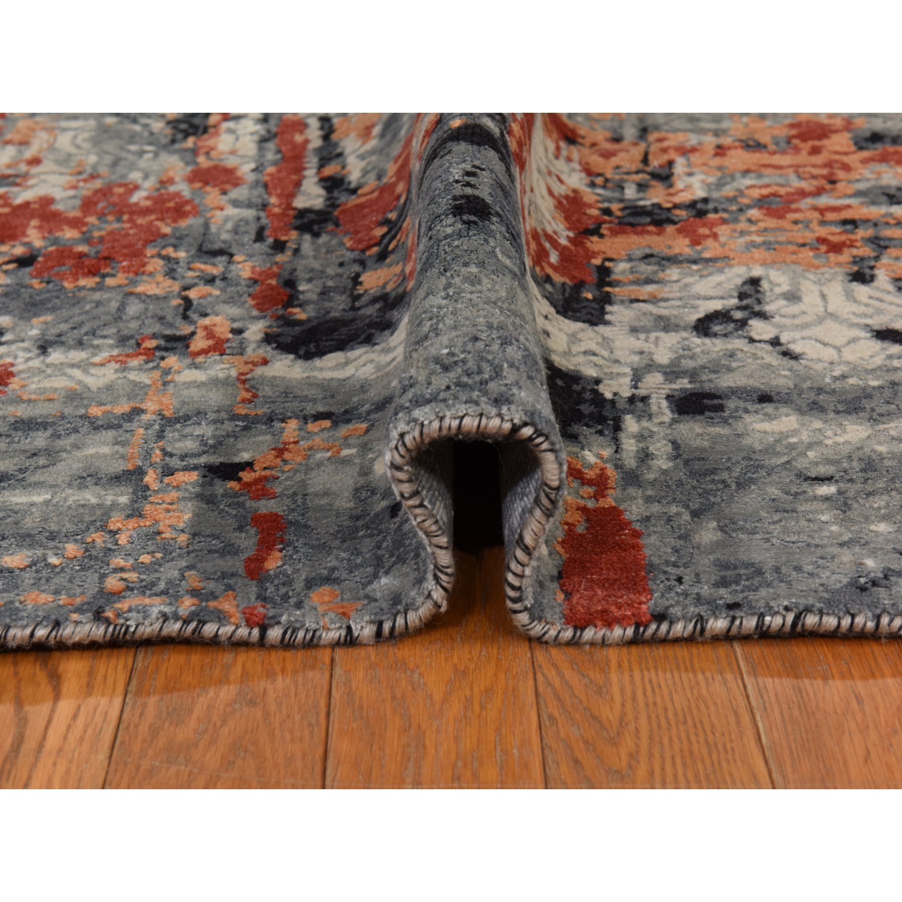 7'9"x10'1" Spanish Gray with Blush Red, Abstract Design, Soft to the Touch, Modern, 100% Wool, Hand Knotted, Oriental Rug Sh78389
