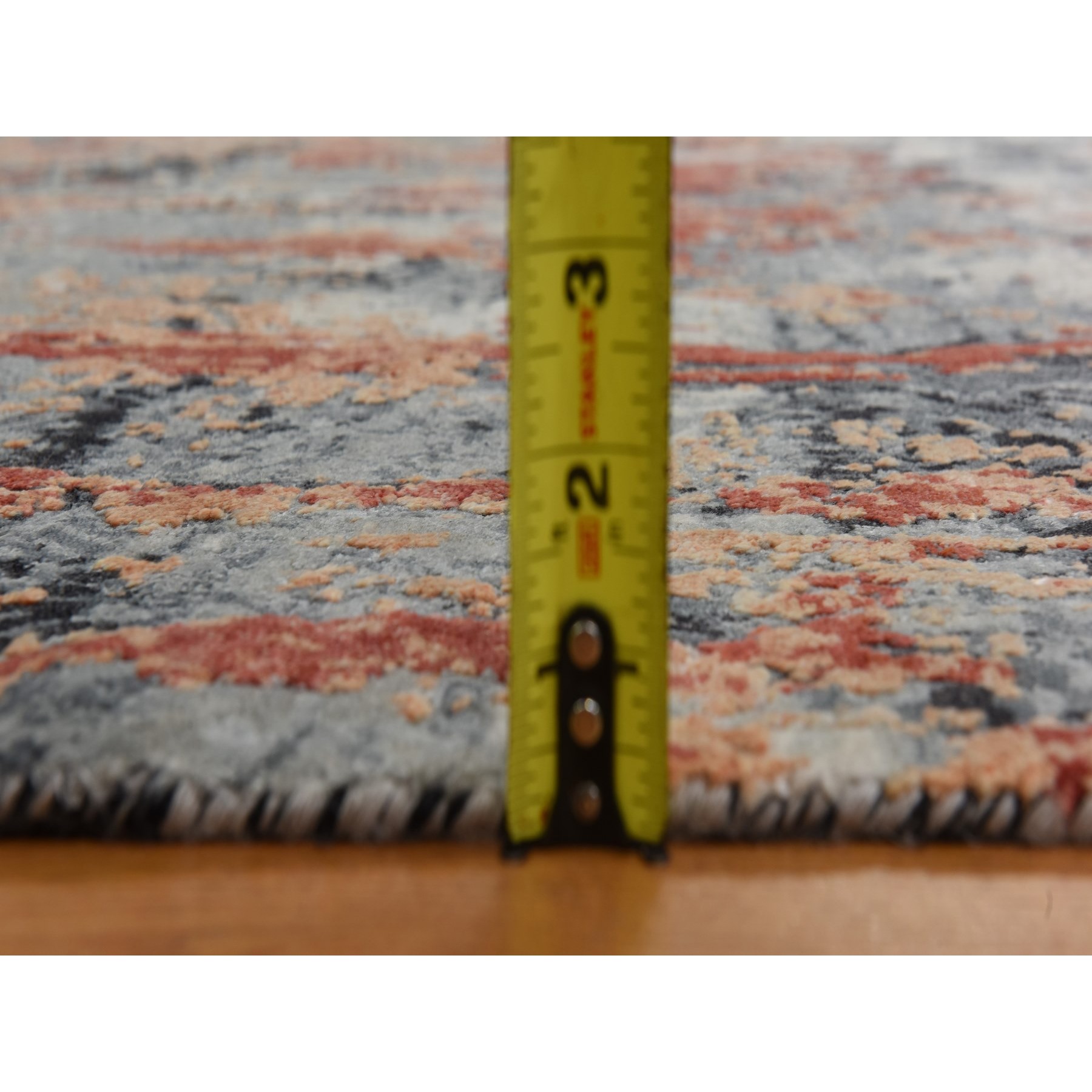 7'9"x10'1" Spanish Gray with Blush Red, Abstract Design, Soft to the Touch, Modern, 100% Wool, Hand Knotted, Oriental Rug Sh78389