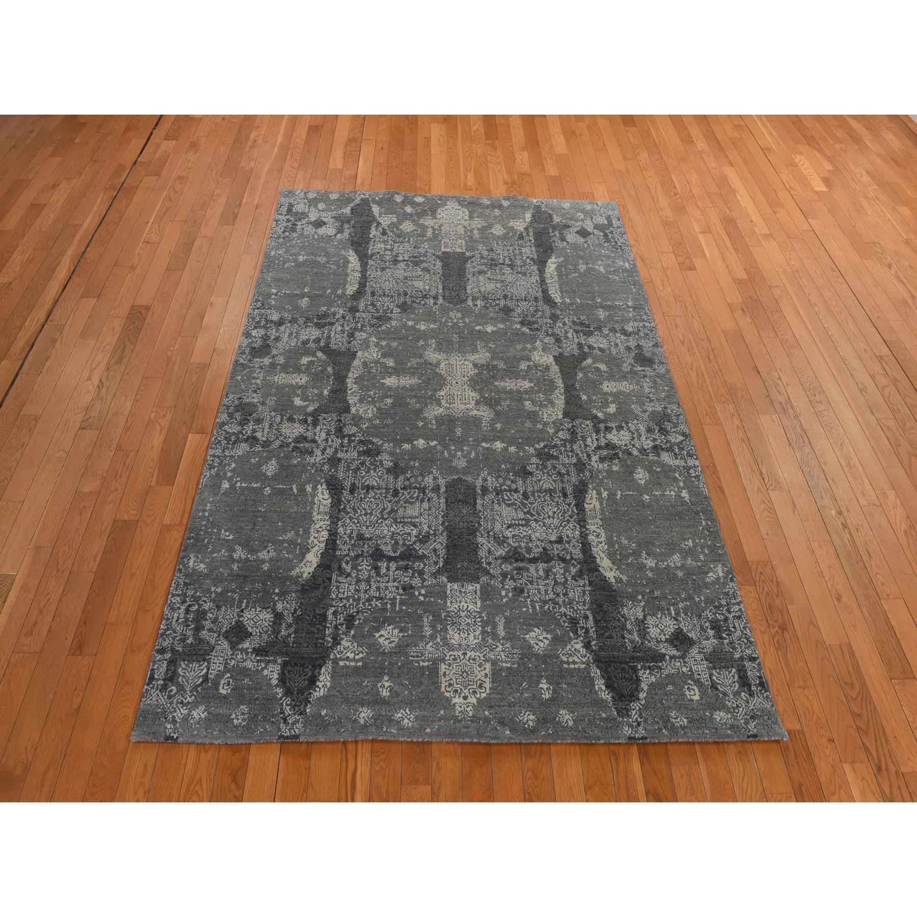 6'1"x9'2" Sonic Gray, Jewelry Design, Soft to the Touch, Wool and Silk, Hand Knotted, Modern, Oriental Rug Sh78391