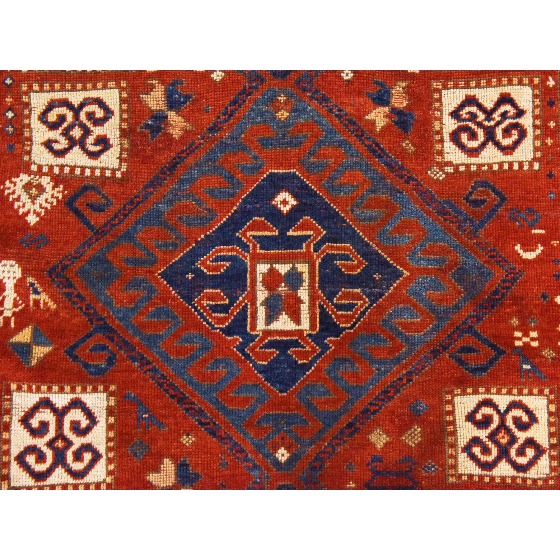 4'3"x6'3" Prismatic Red, Antique Caucasian Kazak with Geometric Design, Good Condition, Hand Knotted, Clean, Sides and Ends Professionally Secured, 100% Wool, Oriental Rug Sh78395