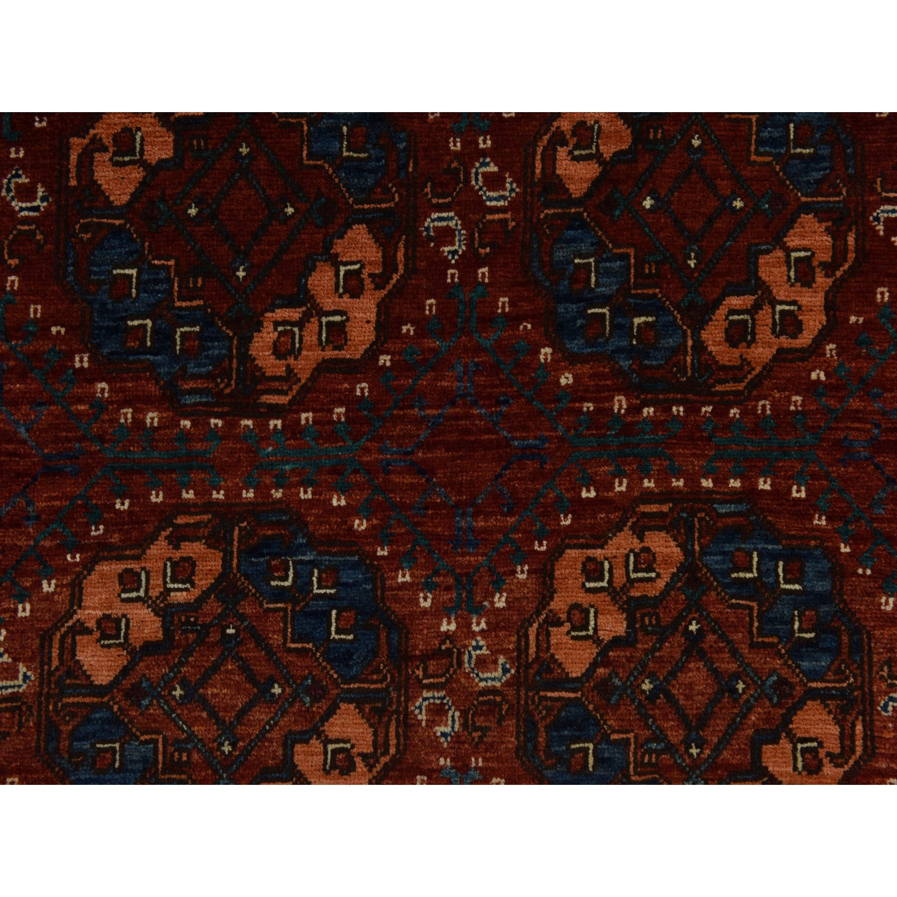 3'6"x5'1" Scarlet Red, Afghan Ersari with Elephant Feet Design, 100% Wool, Hand Knotted, Oriental Rug Sh78396