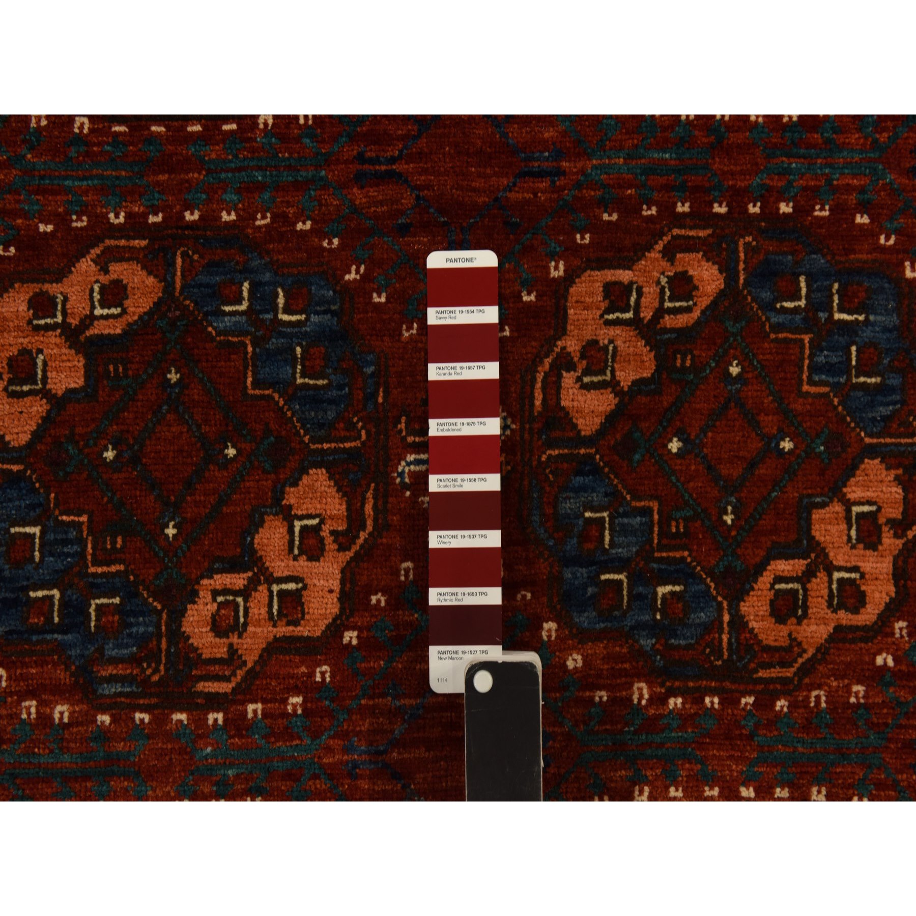 3'6"x5'1" Scarlet Red, Afghan Ersari with Elephant Feet Design, 100% Wool, Hand Knotted, Oriental Rug Sh78396