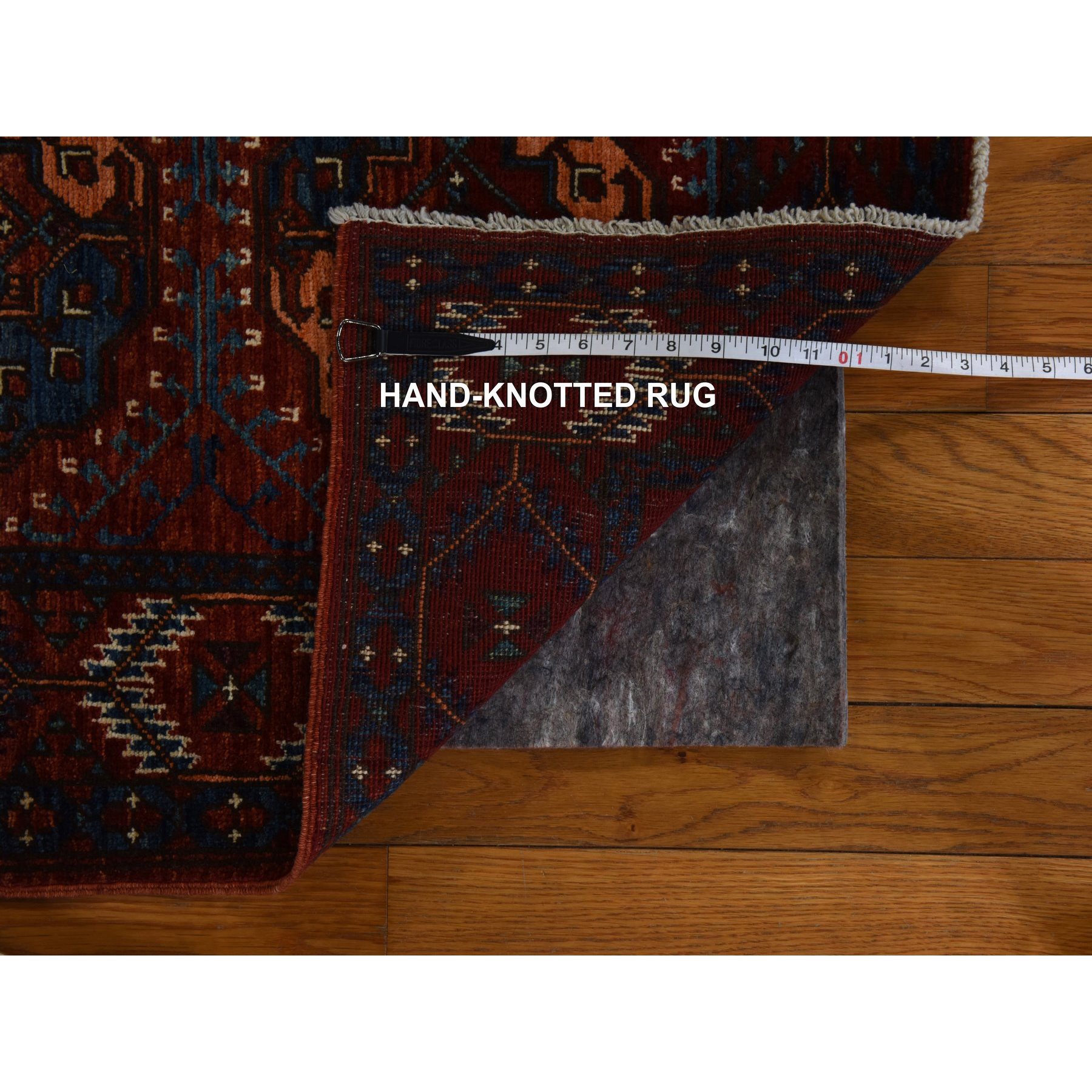 3'6"x5'1" Scarlet Red, Afghan Ersari with Elephant Feet Design, 100% Wool, Hand Knotted, Oriental Rug Sh78396