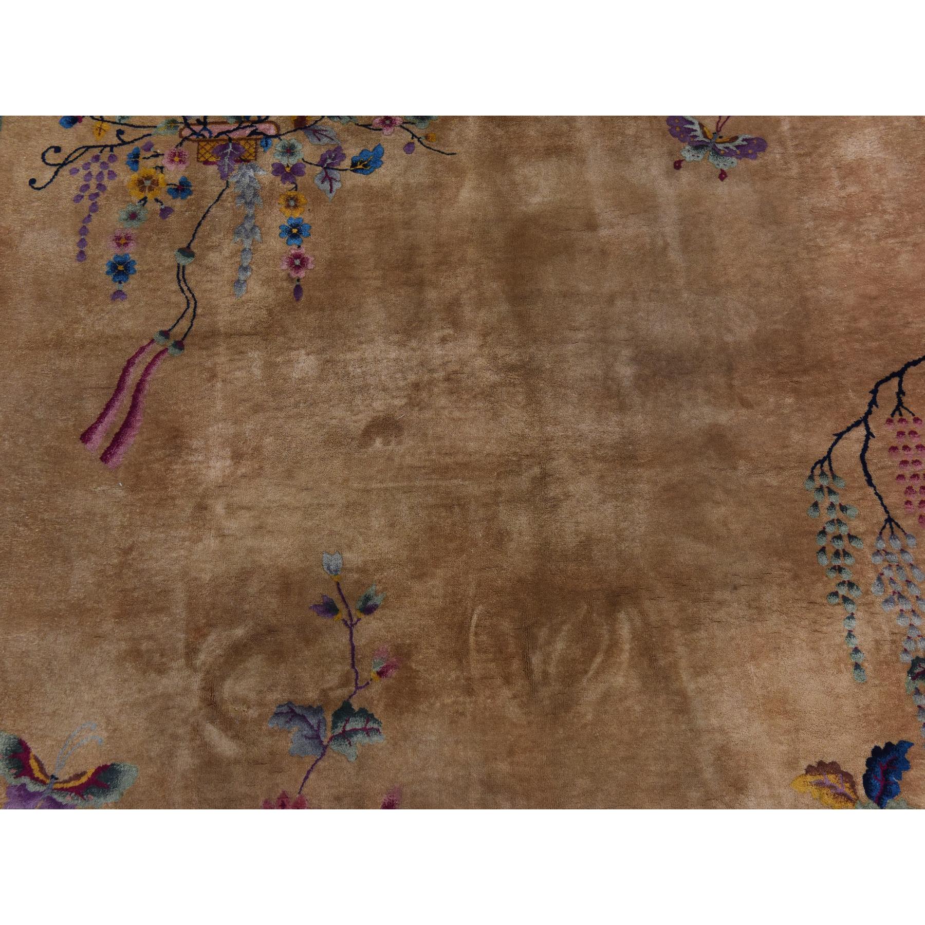 9'x11'5" Copper Brown, Antique Chinese Art Deco, Full Pile, Clean and Soft, Sides and Ends Professionally Secured, 100% Wool, Hand Knotted, Oriental Rug Sh78399