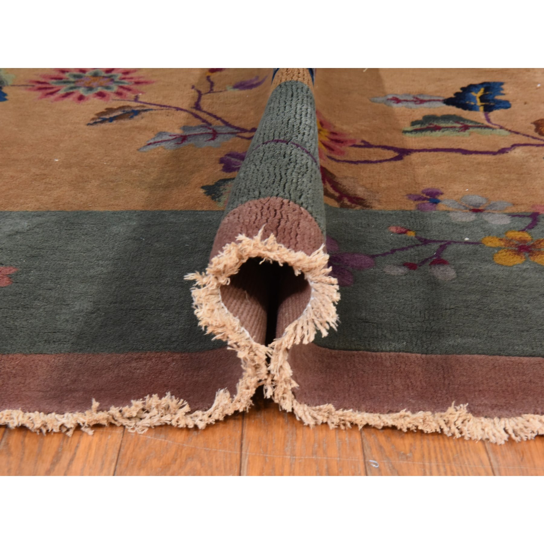 9'x11'5" Copper Brown, Antique Chinese Art Deco, Full Pile, Clean and Soft, Sides and Ends Professionally Secured, 100% Wool, Hand Knotted, Oriental Rug Sh78399