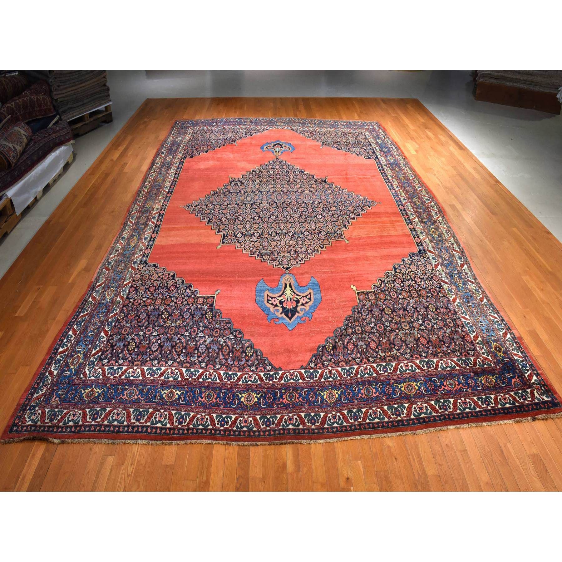 13'6"x19'2" Copper Red, Antique Persian Bidjar, Open Field Anchor Medallion Design, Good Condition, Clean, Abrush, Sides and Ends Professionally Secured, 100% Wool, Hand Knotted, XL, Oversized, Oriental Rug Sh78412