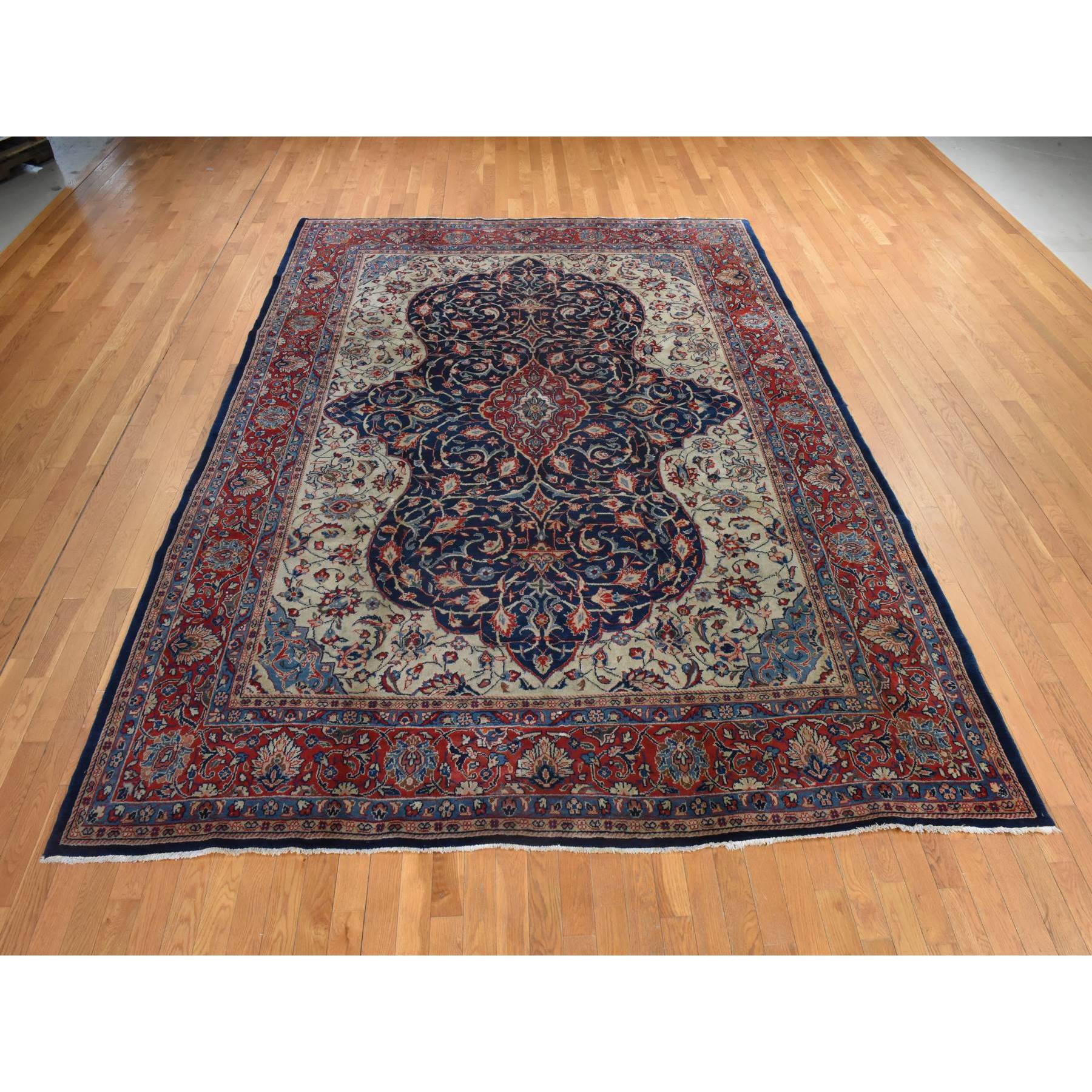 9'2"x12'1" Navy Blue, Vintage Persian Sarouk Mahal, Medallion Design, Clean, Soft with Full Even Pile, 100% Wool, Hand Knotted, Oriental Rug Sh78415