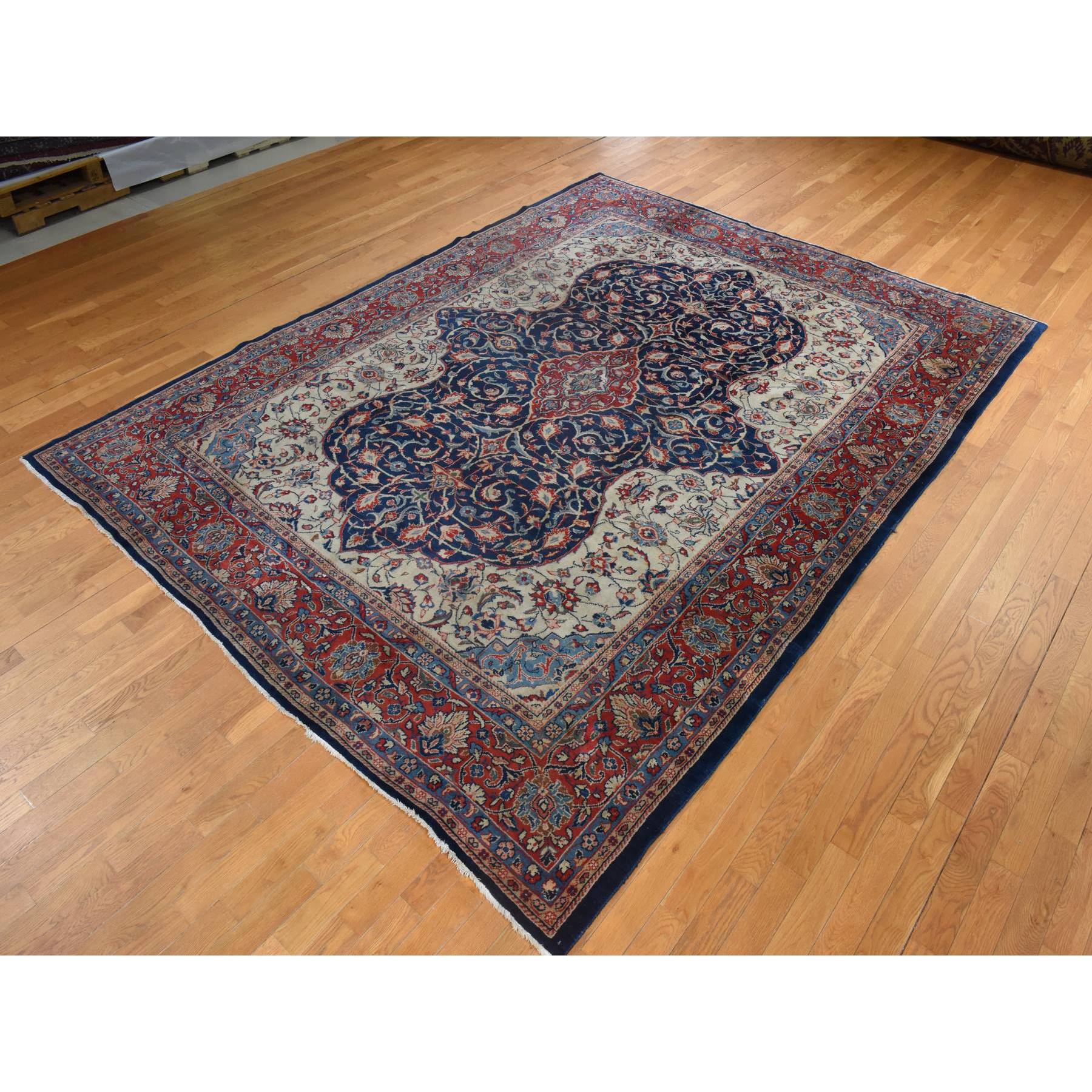 9'2"x12'1" Navy Blue, Vintage Persian Sarouk Mahal, Medallion Design, Clean, Soft with Full Even Pile, 100% Wool, Hand Knotted, Oriental Rug Sh78415