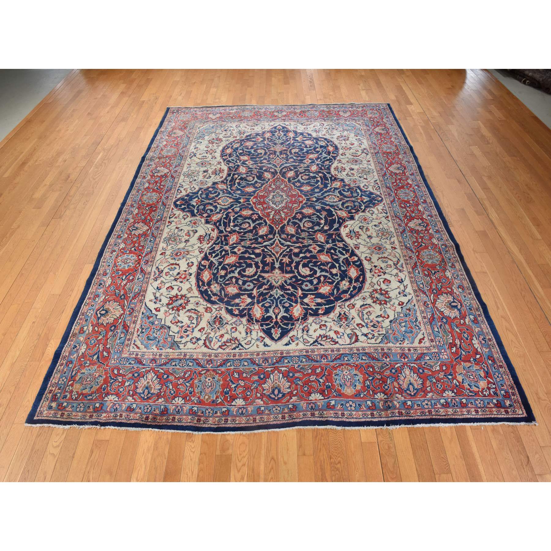9'2"x12'1" Navy Blue, Vintage Persian Sarouk Mahal, Medallion Design, Clean, Soft with Full Even Pile, 100% Wool, Hand Knotted, Oriental Rug Sh78415