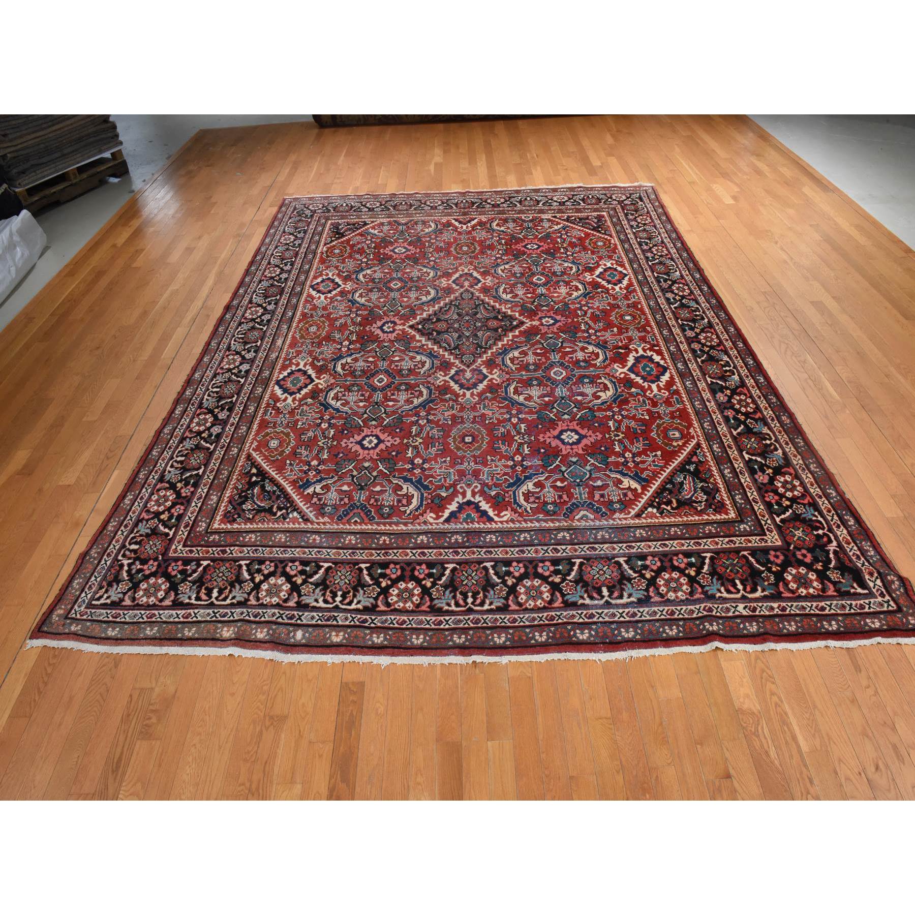 10'7"x13'7" Scarlet Red, Vintage Persian Mahal, Medallion Design, Clean, Soft, Evenly Worn, 100% Wool, Hand Knotted, Oriental Rug Sh78416