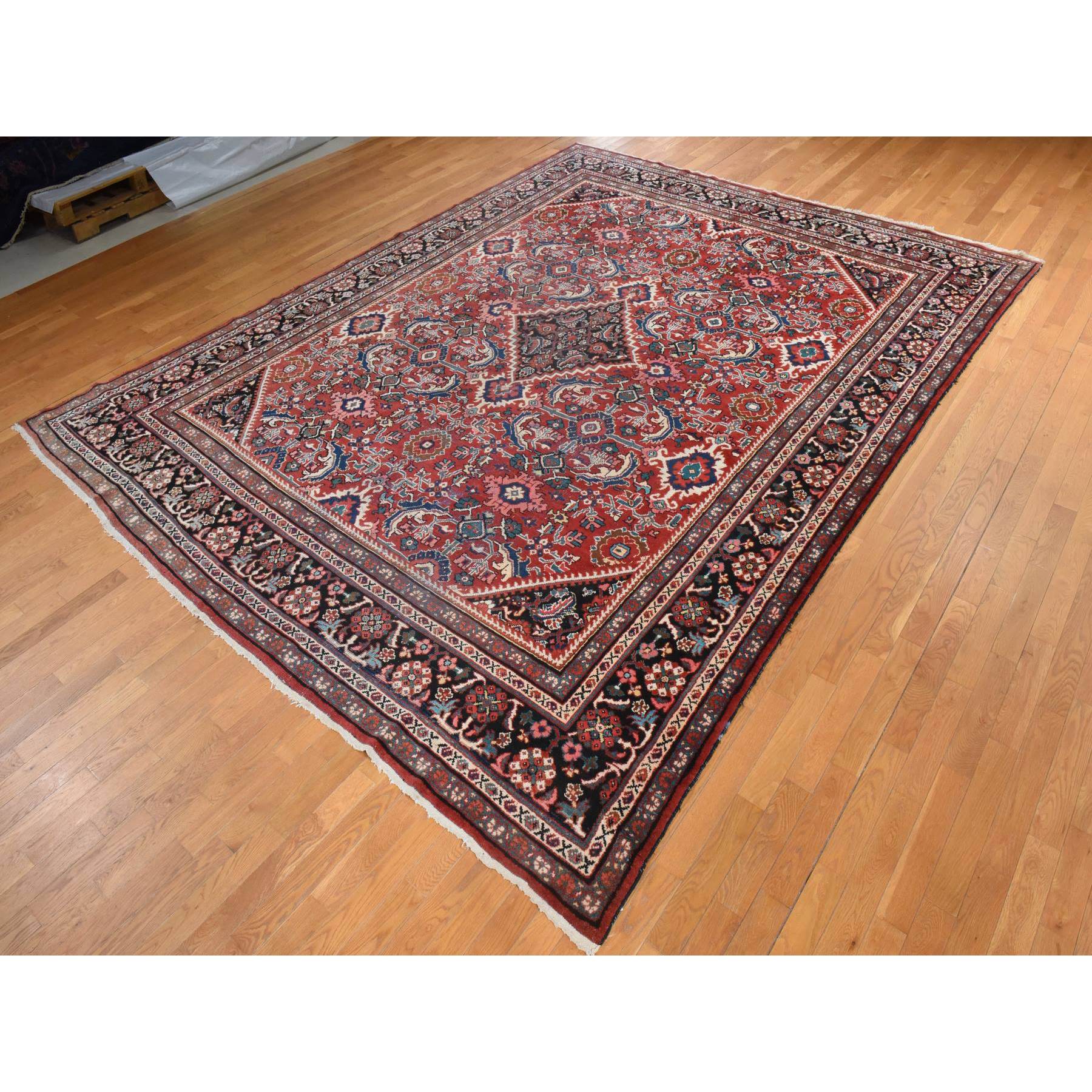 10'7"x13'7" Scarlet Red, Vintage Persian Mahal, Medallion Design, Clean, Soft, Evenly Worn, 100% Wool, Hand Knotted, Oriental Rug Sh78416
