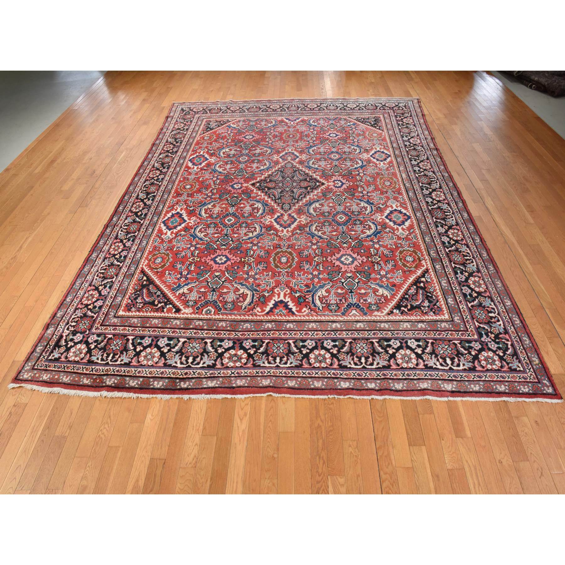 10'7"x13'7" Scarlet Red, Vintage Persian Mahal, Medallion Design, Clean, Soft, Evenly Worn, 100% Wool, Hand Knotted, Oriental Rug Sh78416