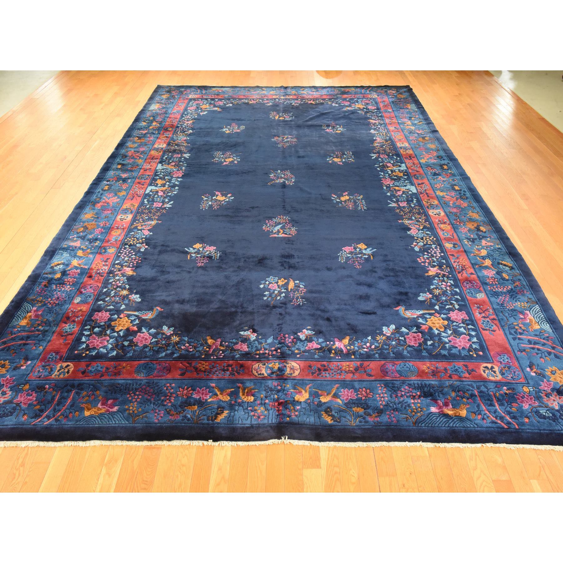 11'3"x17'3" Midnight Blue, Antique Chinese Art Deco Nichols, Clean, Soft, Full Pile, 100% Wool, Hand Knotted, XL, Oversized, Oriental Rug Sh78417