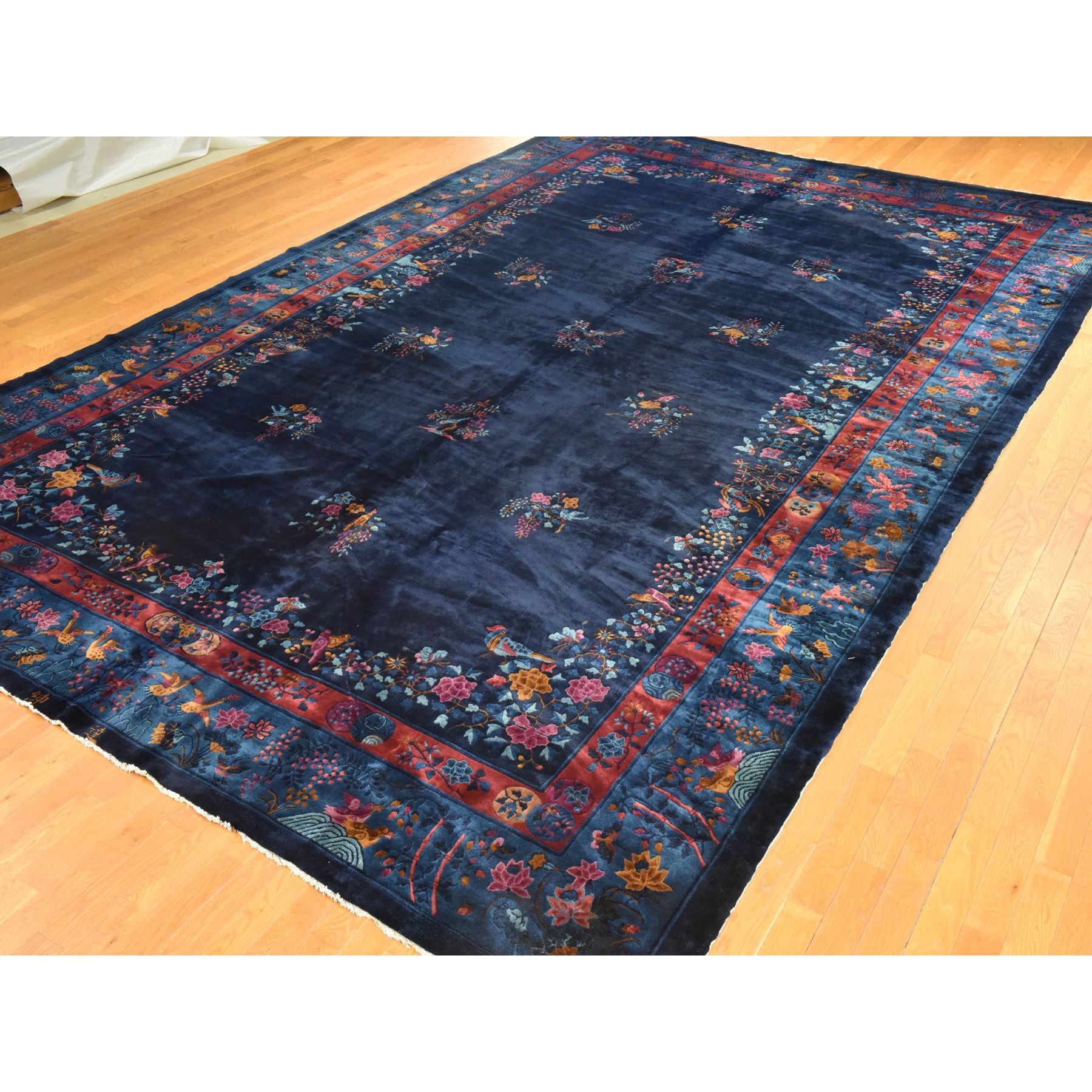 11'3"x17'3" Midnight Blue, Antique Chinese Art Deco Nichols, Clean, Soft, Full Pile, 100% Wool, Hand Knotted, XL, Oversized, Oriental Rug Sh78417