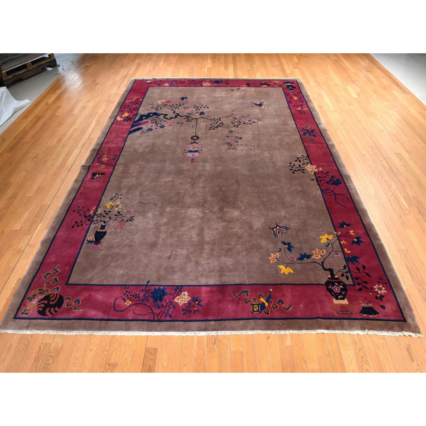 10'1"x14'2" Burro Brown, Antique Chinese Art Deco Nichols, Clean, Soft, Full Pile, 100% Wool, Hand Knotted, Oriental Rug Sh78418