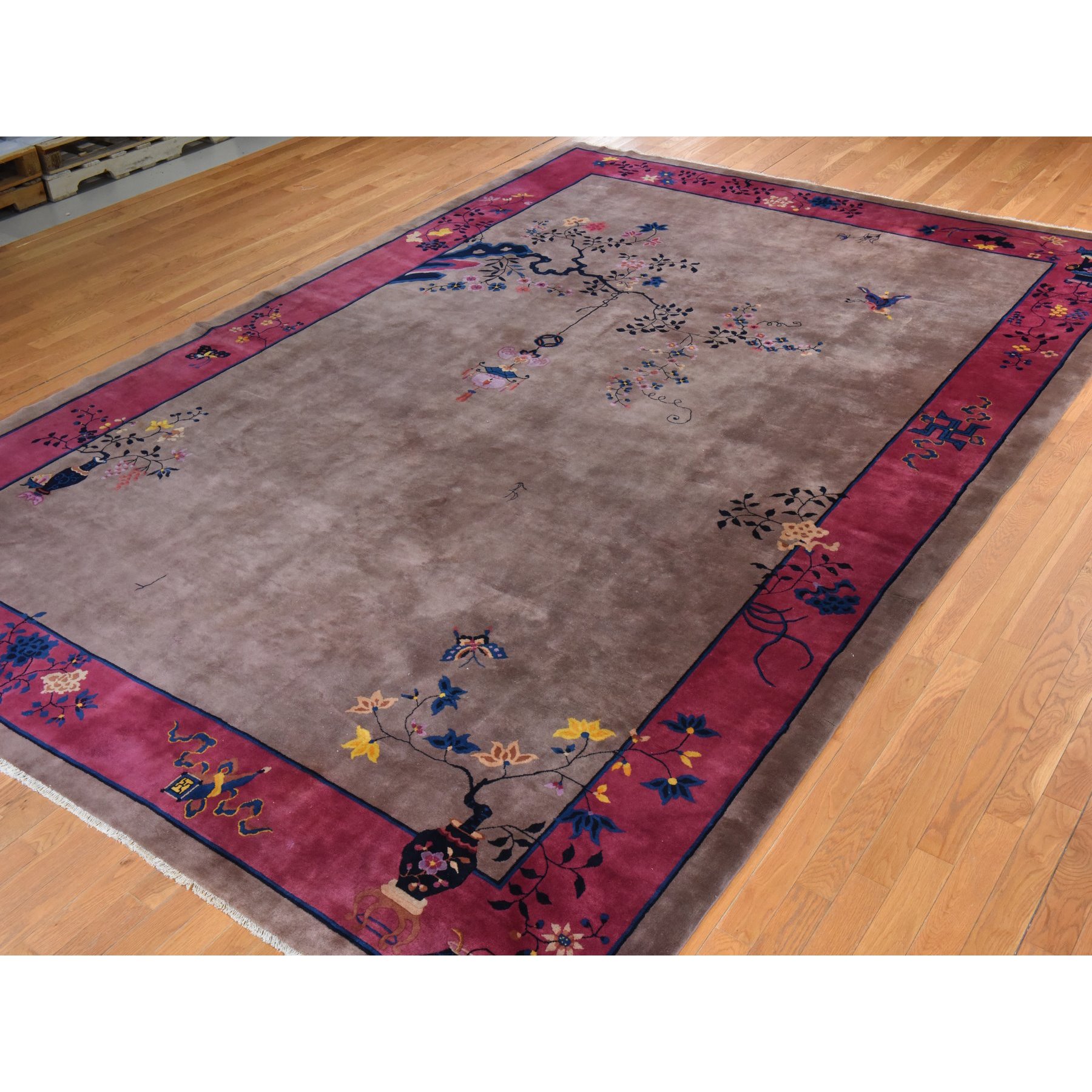 10'1"x14'2" Burro Brown, Antique Chinese Art Deco Nichols, Clean, Soft, Full Pile, 100% Wool, Hand Knotted, Oriental Rug Sh78418