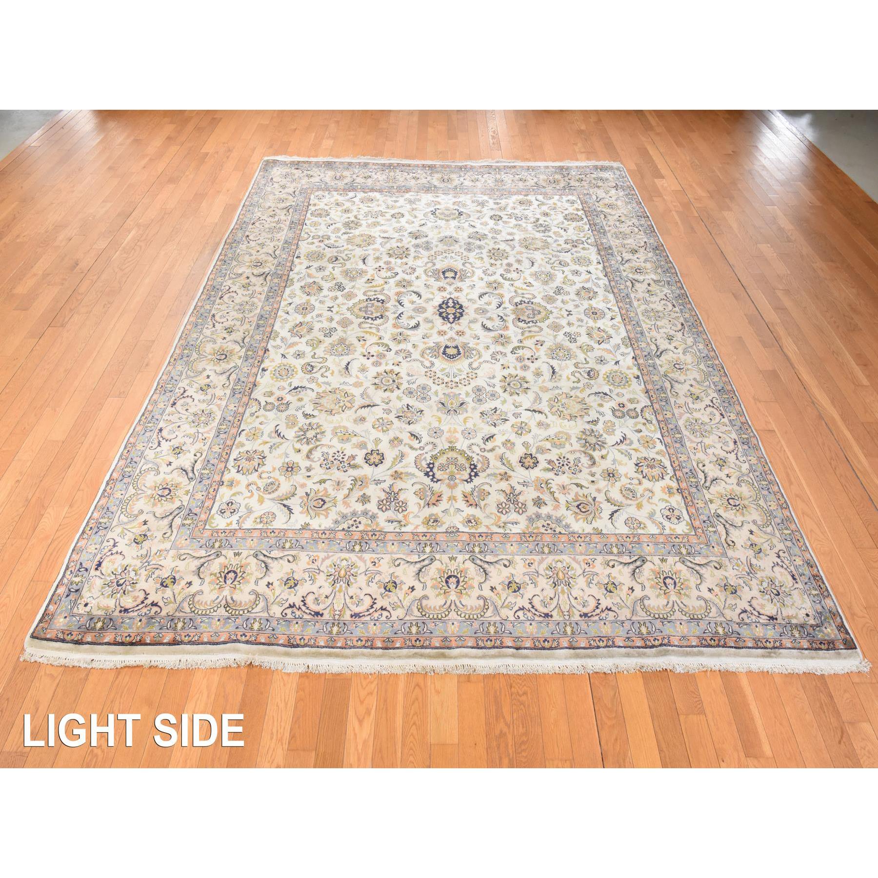 9'x13' Swan White, Vintage Indo Persian Kashan, Hand Spun New Zealand Wool with 300 KPSI, Clean, Soft, Full Pile, Hand Knotted, Oriental Rug Sh78420