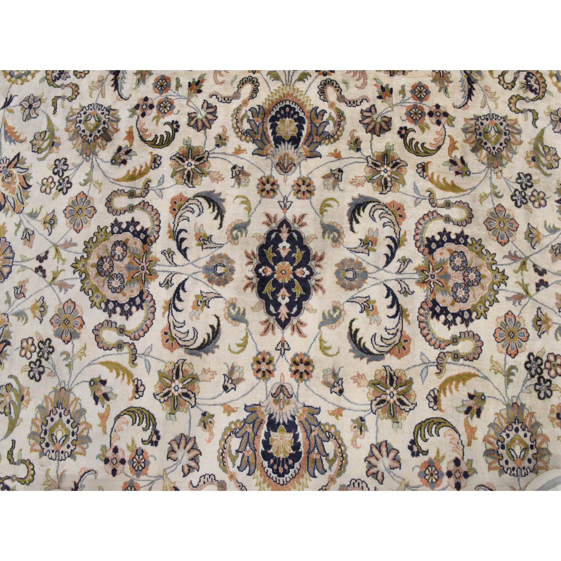 9'x13' Swan White, Vintage Indo Persian Kashan, Hand Spun New Zealand Wool with 300 KPSI, Clean, Soft, Full Pile, Hand Knotted, Oriental Rug Sh78420
