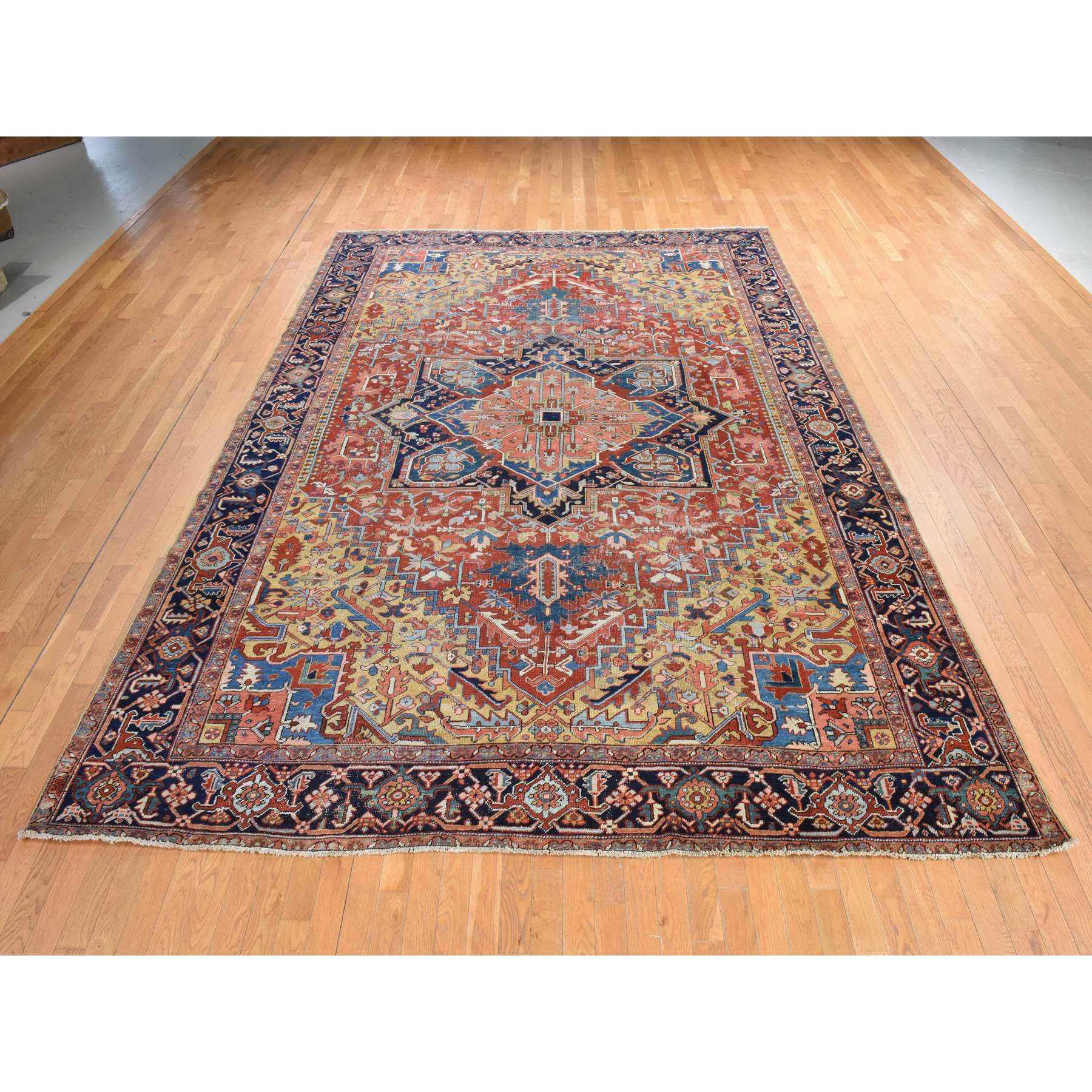 9'7"x13'1" Savvy Red, Antique Persian Heriz with Camel Gold Color Corners, Even Wear, Good Condition and Clean, 100% Wool, Hand Knotted, Oriental Rug Sh78424